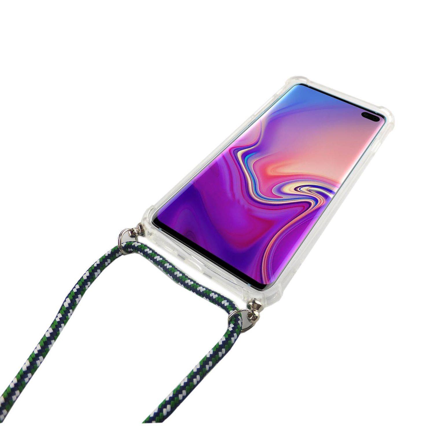 Telefon in durchsichtiger Hülle mit grün-blauem Umhängeband. Weißer Hintergrund.
