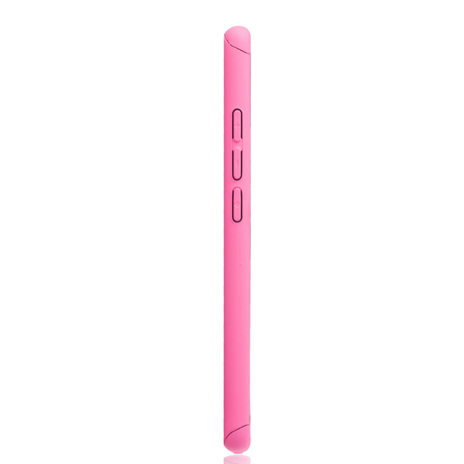 Seitenansicht einer pinkfarbenen Handyhülle mit Knöpfen. Glattes, schlichtes Design. Weißer Hintergrund.
