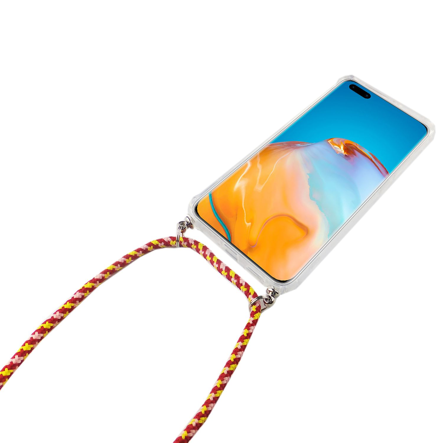 Telefon in klarer Hülle mit Umhängeband. Rotes und gelbes Umhängeband. Weißer Hintergrund. Telefonbildschirm sichtbar.