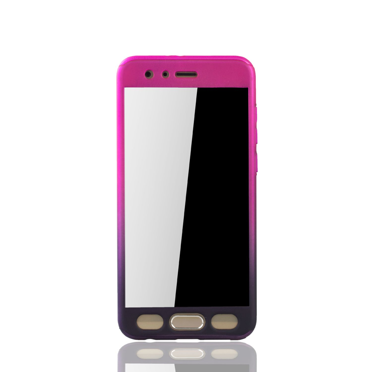 Pink-lila Handyhülle. Die Handyhülle hat einen schwarzen Boden und einen weißen Displayschutz.