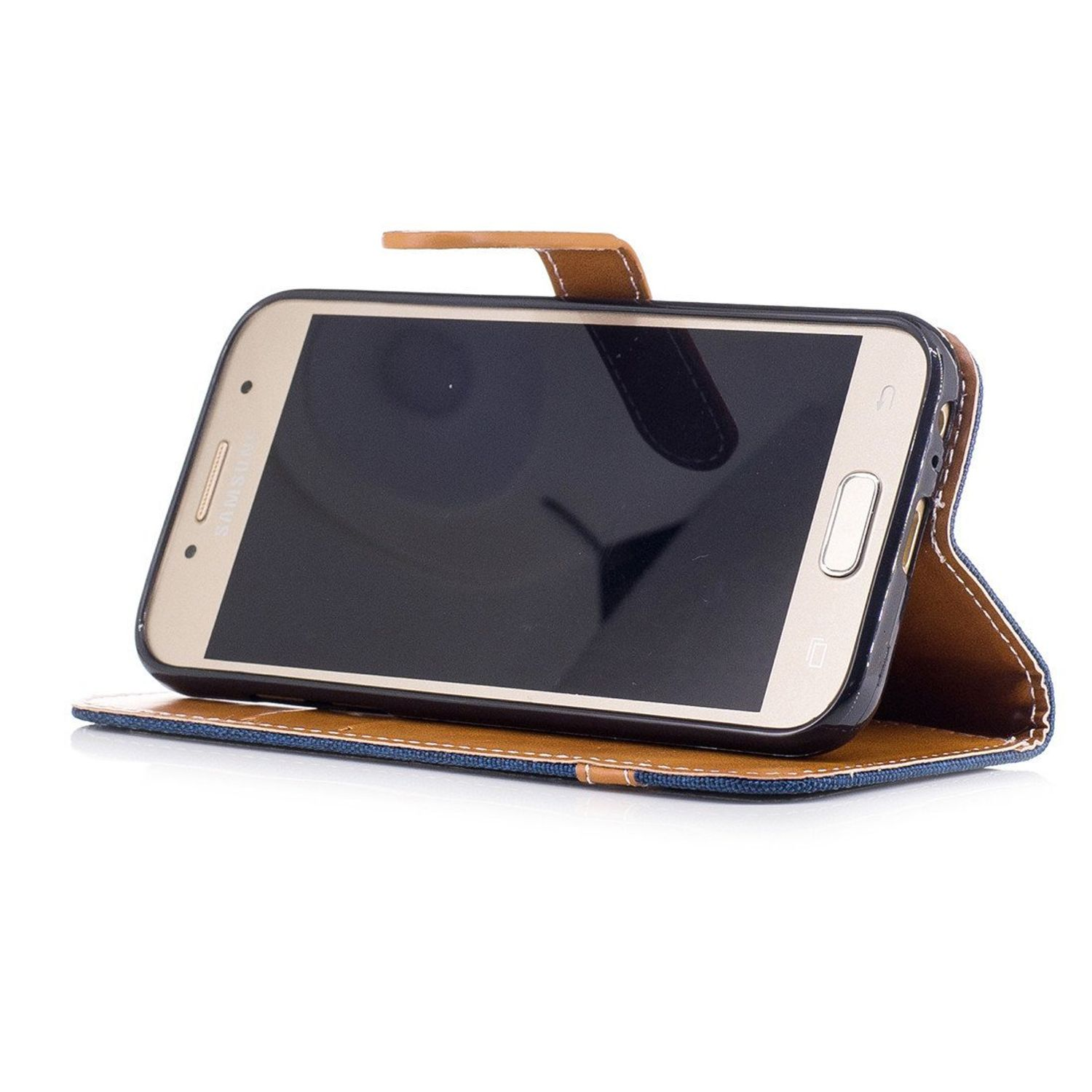 Ein Telefon in einer braun-blauen Brieftaschenhülle. Der Telefonbildschirm ist sichtbar.