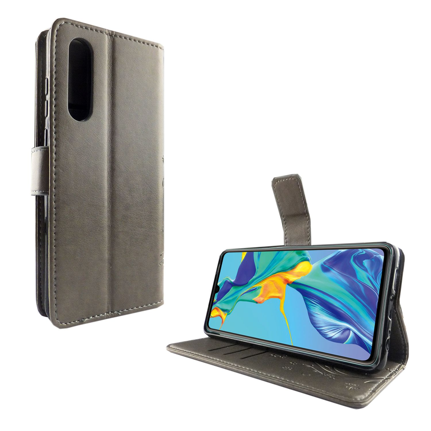 Graue Handyhülle mit einem Telefon darin. Weißer Hintergrund.