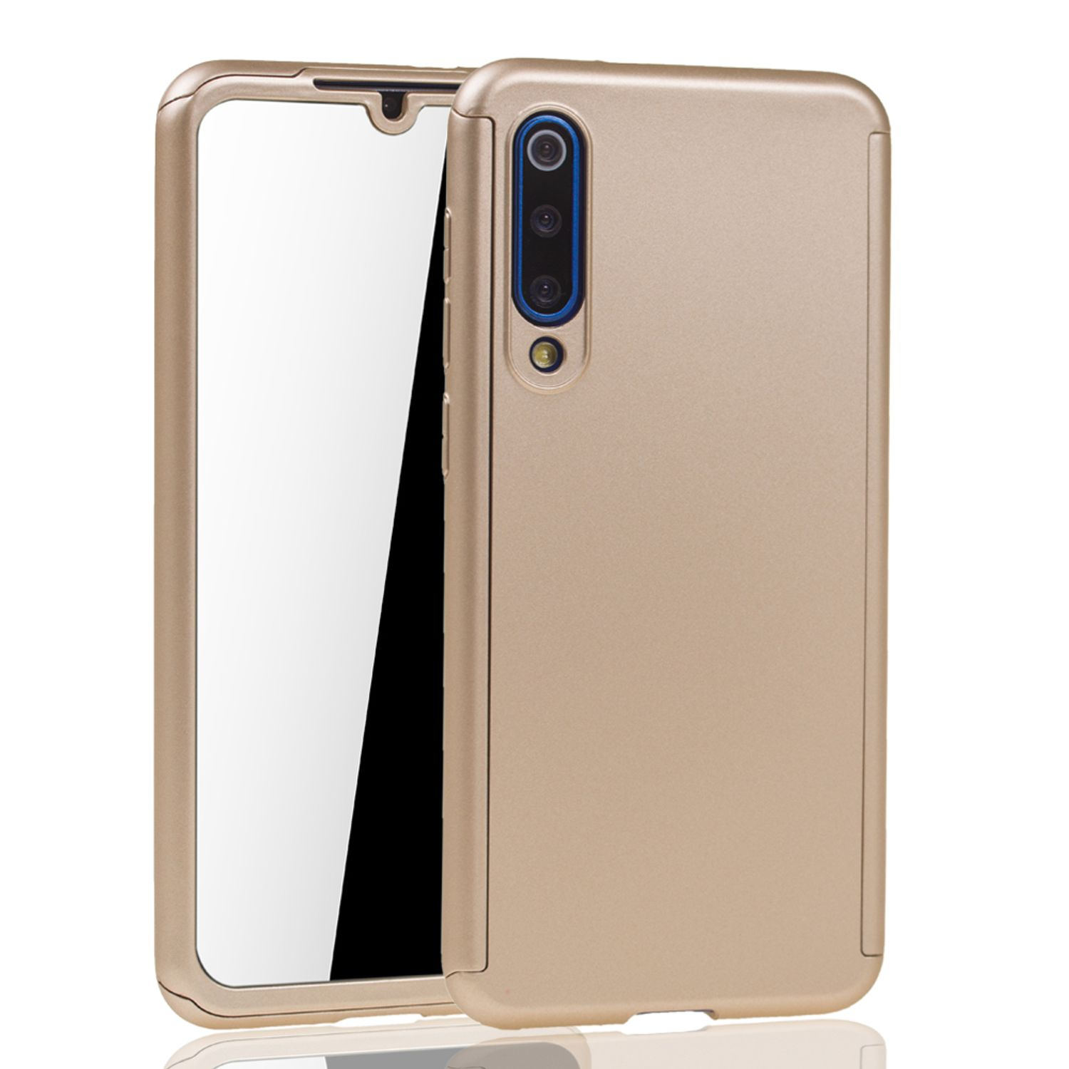 Goldene Handyhülle mit Displayschutz, zeigt einen Handybildschirm und einen goldenen Rahmen.