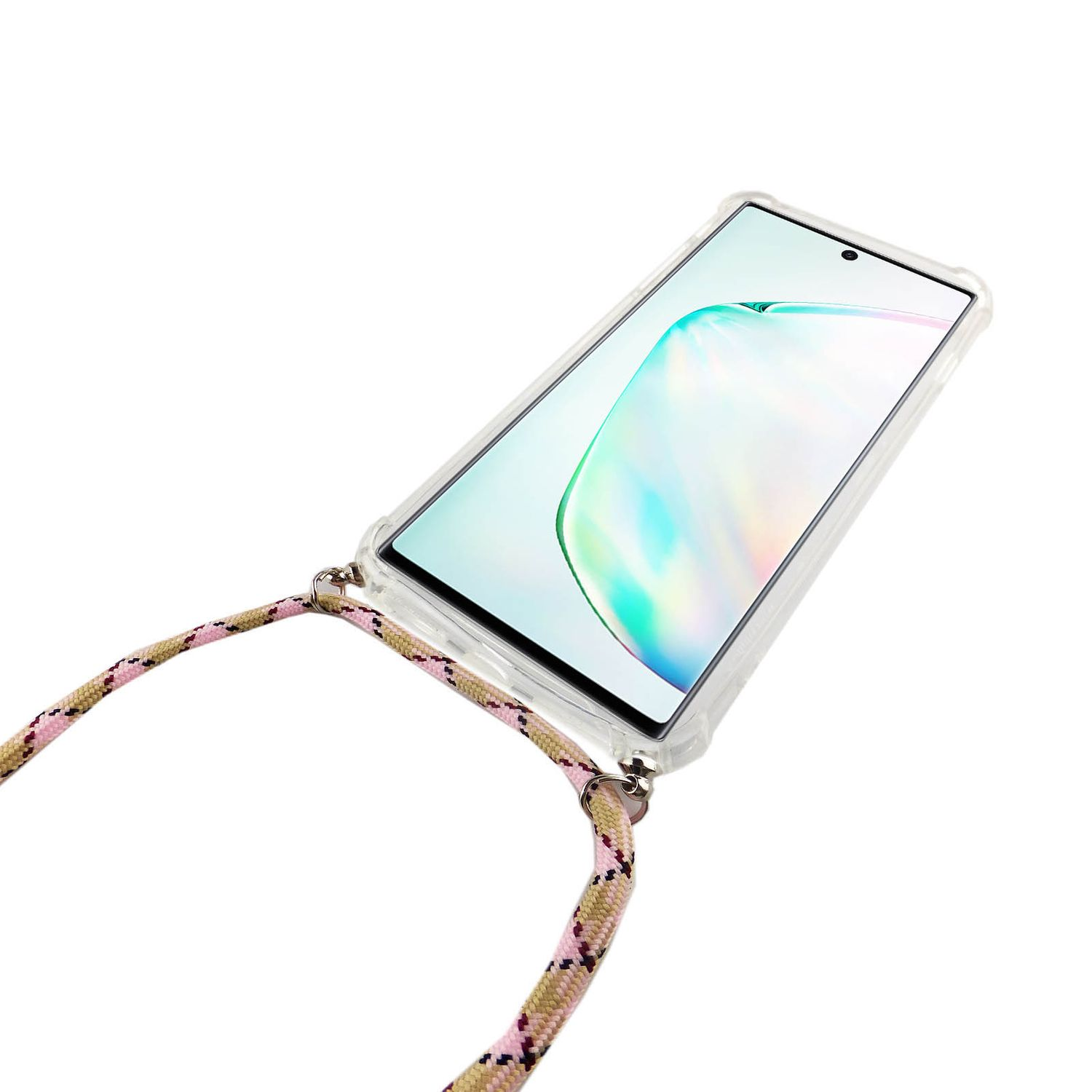 Ein Telefon in einer klaren Hülle mit einem Lanyard. Das Telefon wird in einem Winkel gehalten.