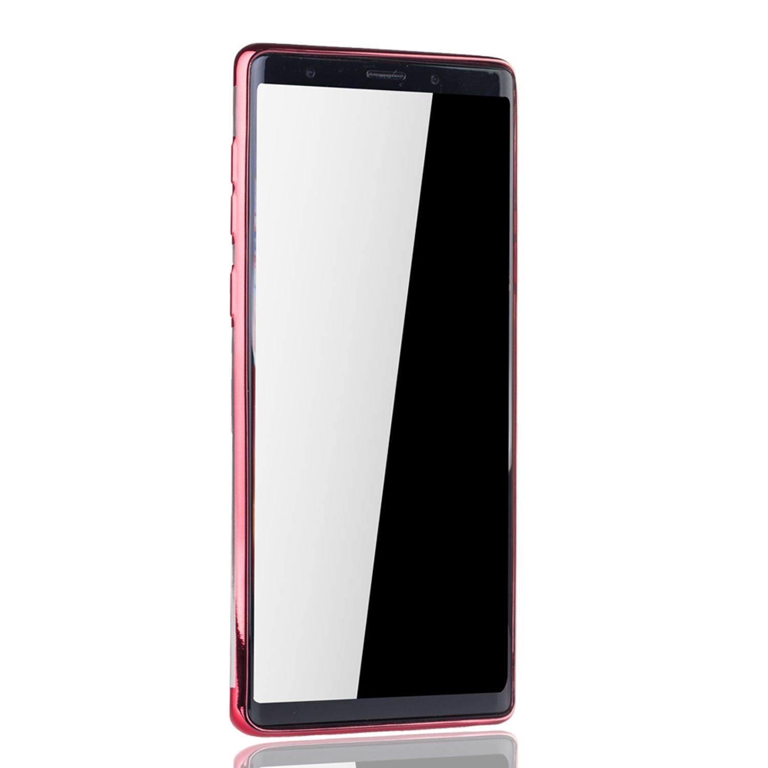 Smartphone in roter Hülle, Frontansicht. Schwarzer Bildschirm, glänzendes Finish.