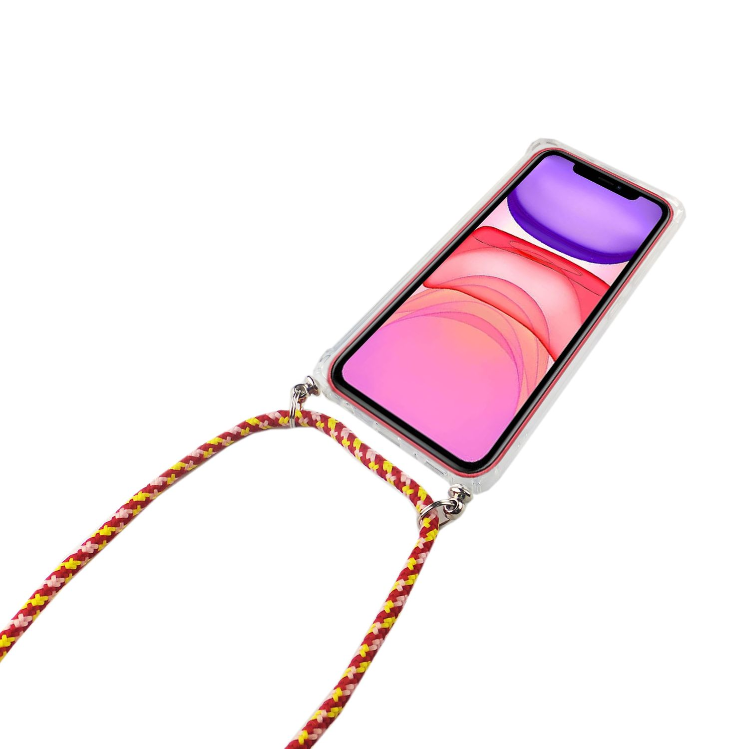 Ein Telefon in einer transparenten Hülle mit einem Umhängeband. Das Telefon zeigt einen farbenfrohen, abstrakten Hintergrund.
