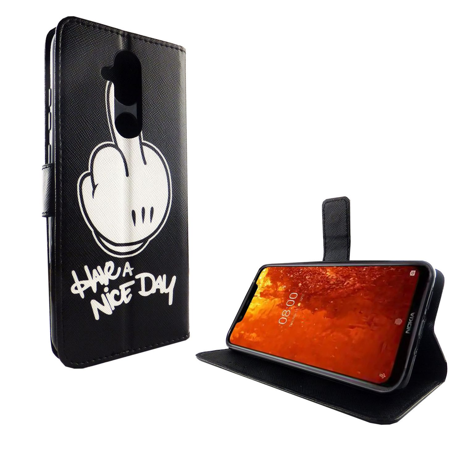 Schwarze Handyhülle mit Zeichentrickhand, die den Mittelfinger zeigt, mit Text „Have a nice day“. Das Telefon ist drin.