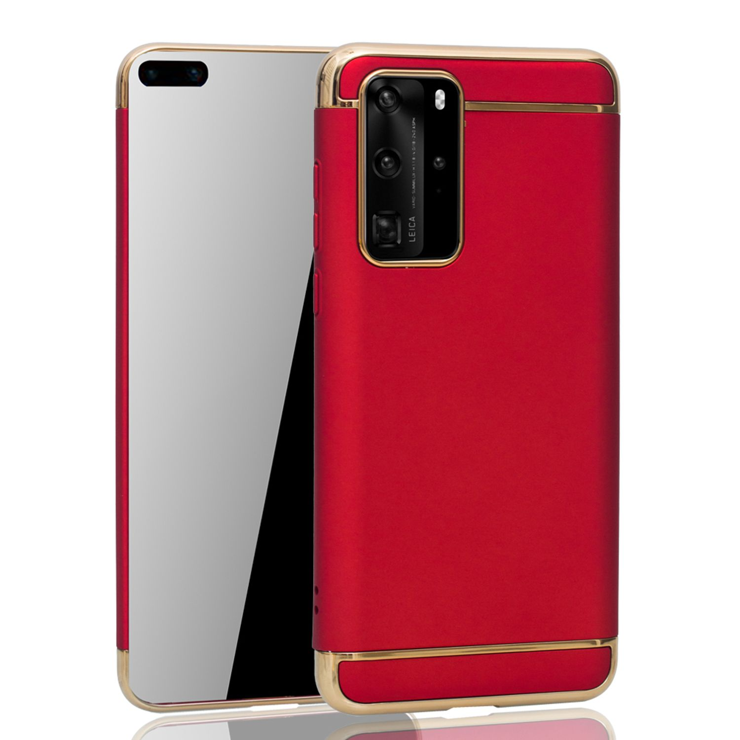 Rote Handyhülle mit goldfarbenem Rand, Telefon innen. Weißer Hintergrund. Leica und Handykamera sind sichtbar.