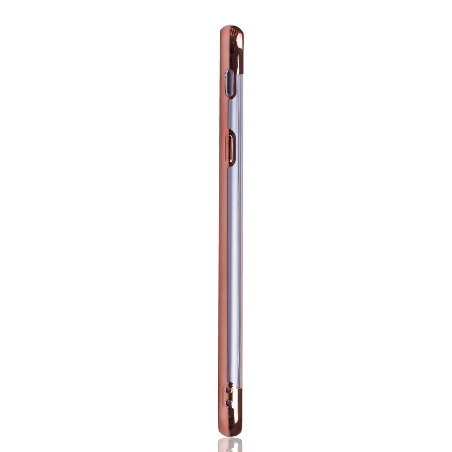 Roségoldenes Telefon, Seitenansicht, mit silbernem Rand. Das Telefon ist glatt und spiegelt sich.