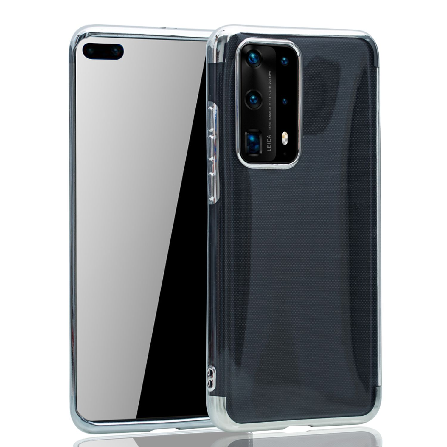 Transparente Handyhülle mit silbernem Rahmen um ein Telefon mit mehreren Kameras.