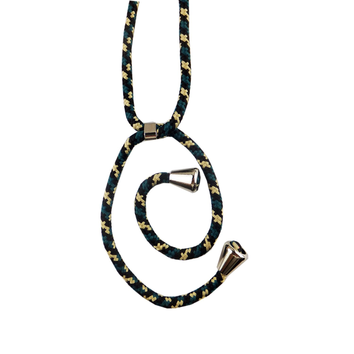 Halsband mit Webmuster. Es hat schwarze, gelbe und grüne Farben. Metallbefestigungen.