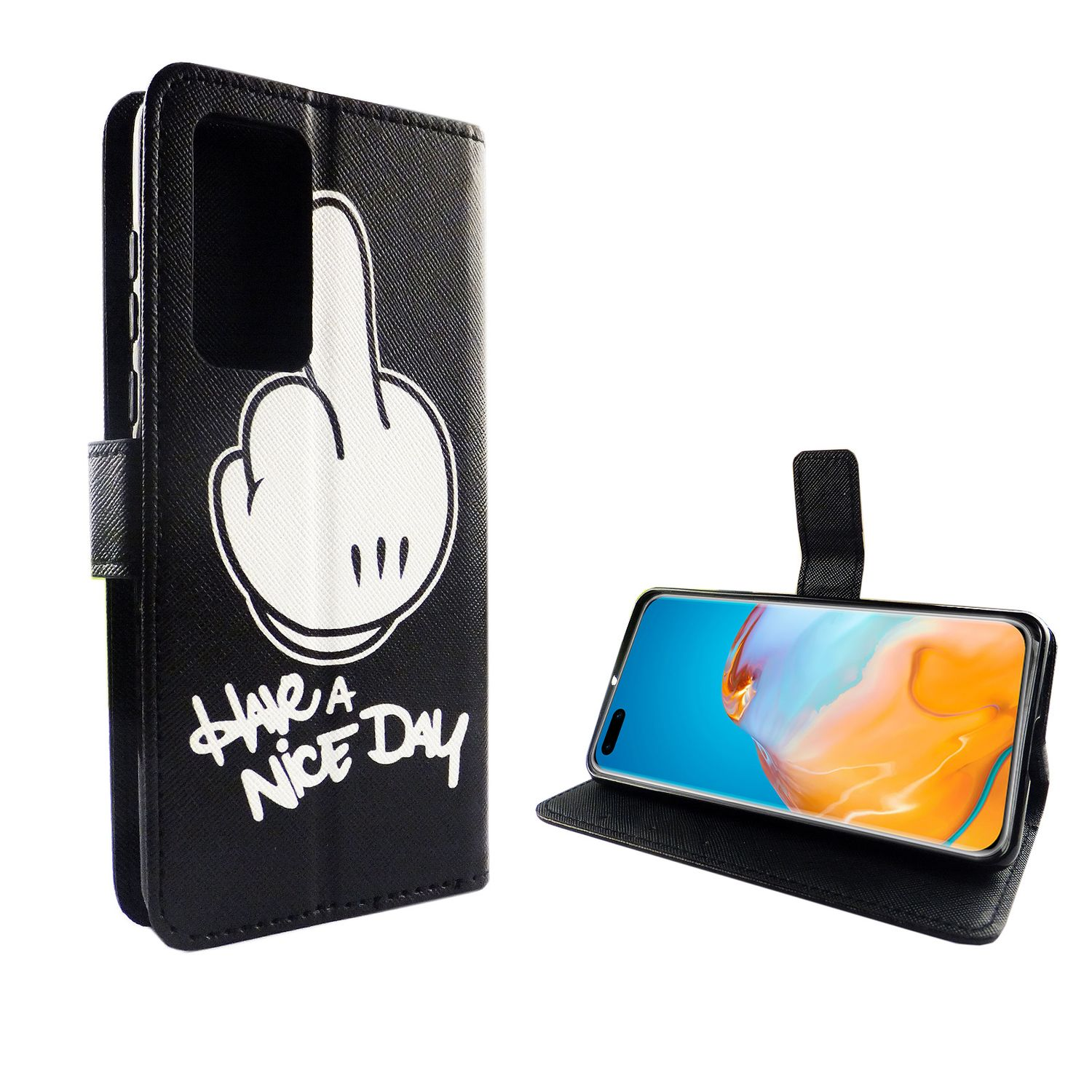 Schwarze Handyhülle mit Telefon. Weißer Hintergrund.