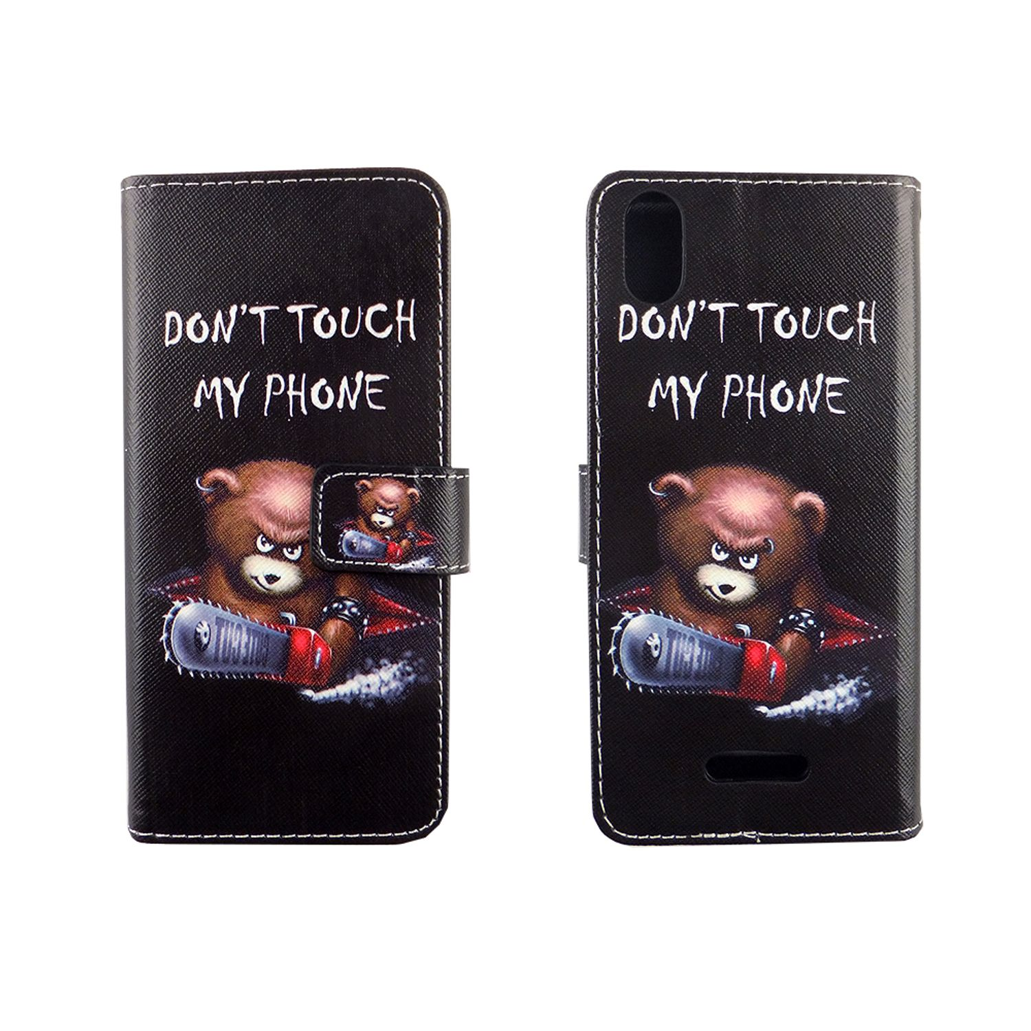 Eine schwarze Handyhülle mit einem Cartoon-Bären, der eine Kettensäge hält. Der Text "DON'T TOUCH MY PHONE" steht darauf.