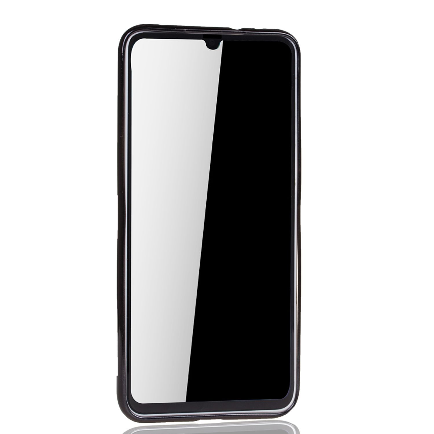 Schwarzes Telefon mit Displayschutz. Weißer Hintergrund.