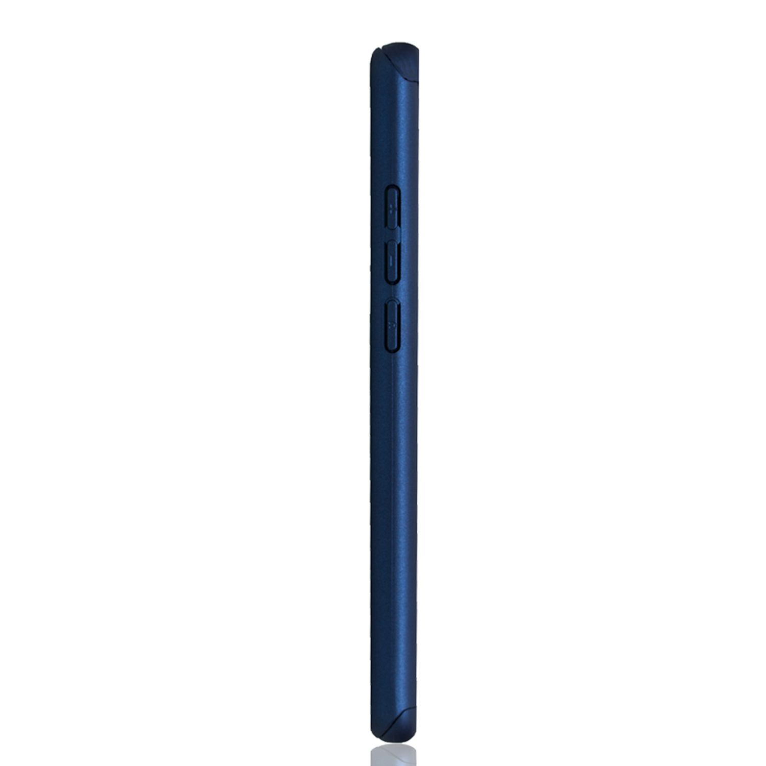 Blaue Handyhülle Seitenansicht. Knöpfe und Spiegelung auf weißem Hintergrund.