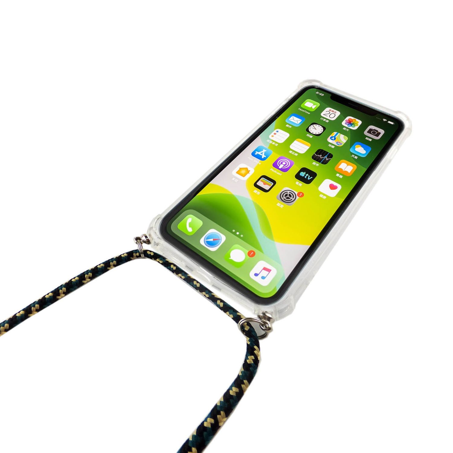 Ein iPhone in einer transparenten Hülle mit einem Riemen. Der Bildschirm zeigt App-Symbole.