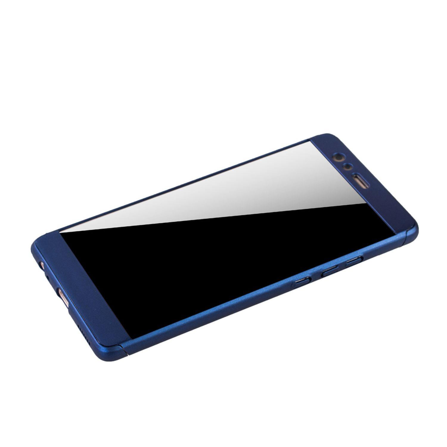 Dunkelblaue Handyhülle mit schwarzem Bildschirm. Schräge Ansicht. Das Telefon ist leicht geneigt.