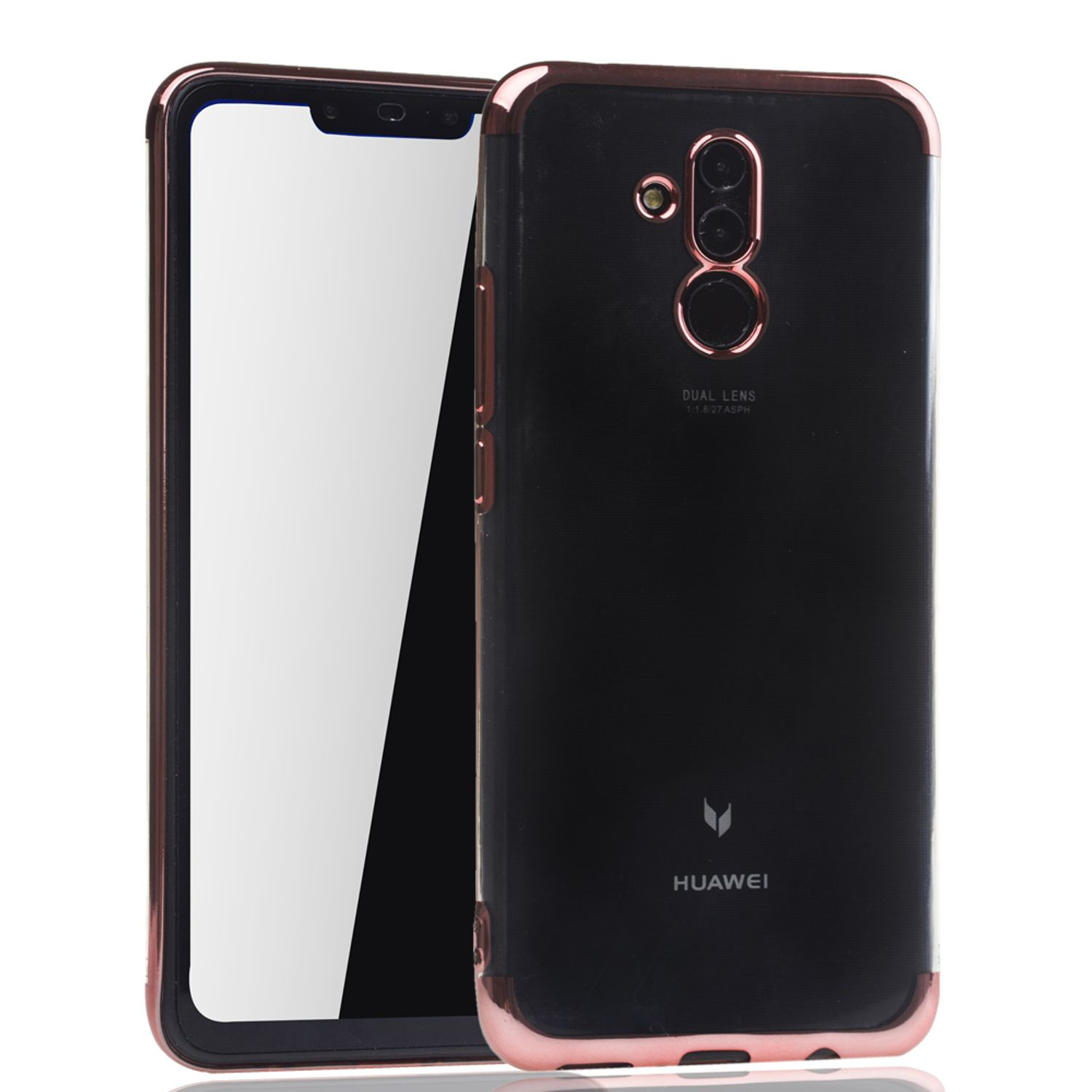 Schwarze Handyhülle mit rosa Rahmen. Weißer Hintergrund. Telefon ist in der Hülle. Huawei-Logo.