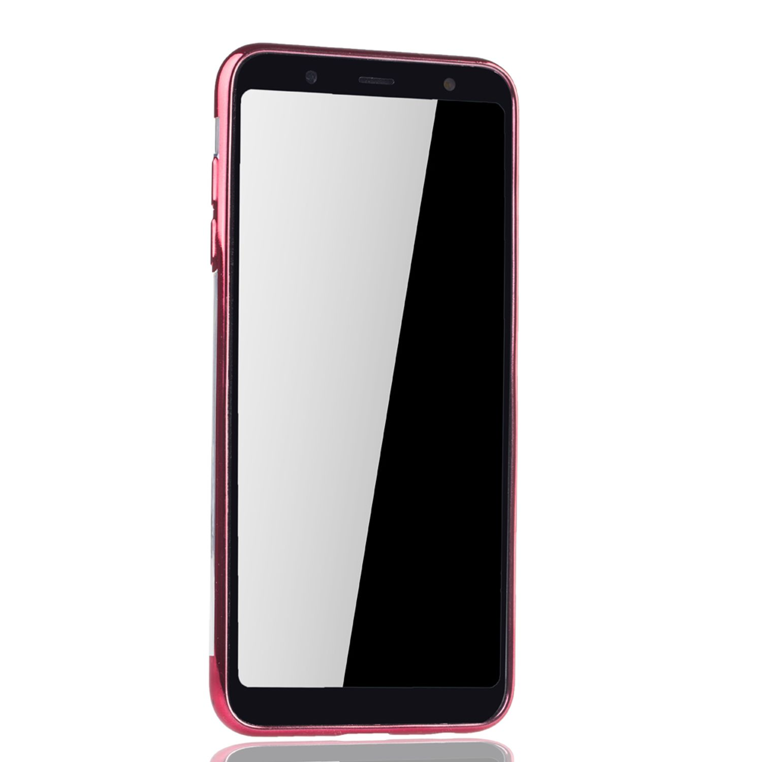 Ein pinkes Telefon mit leerem schwarzem Bildschirm. Weißer Hintergrund.