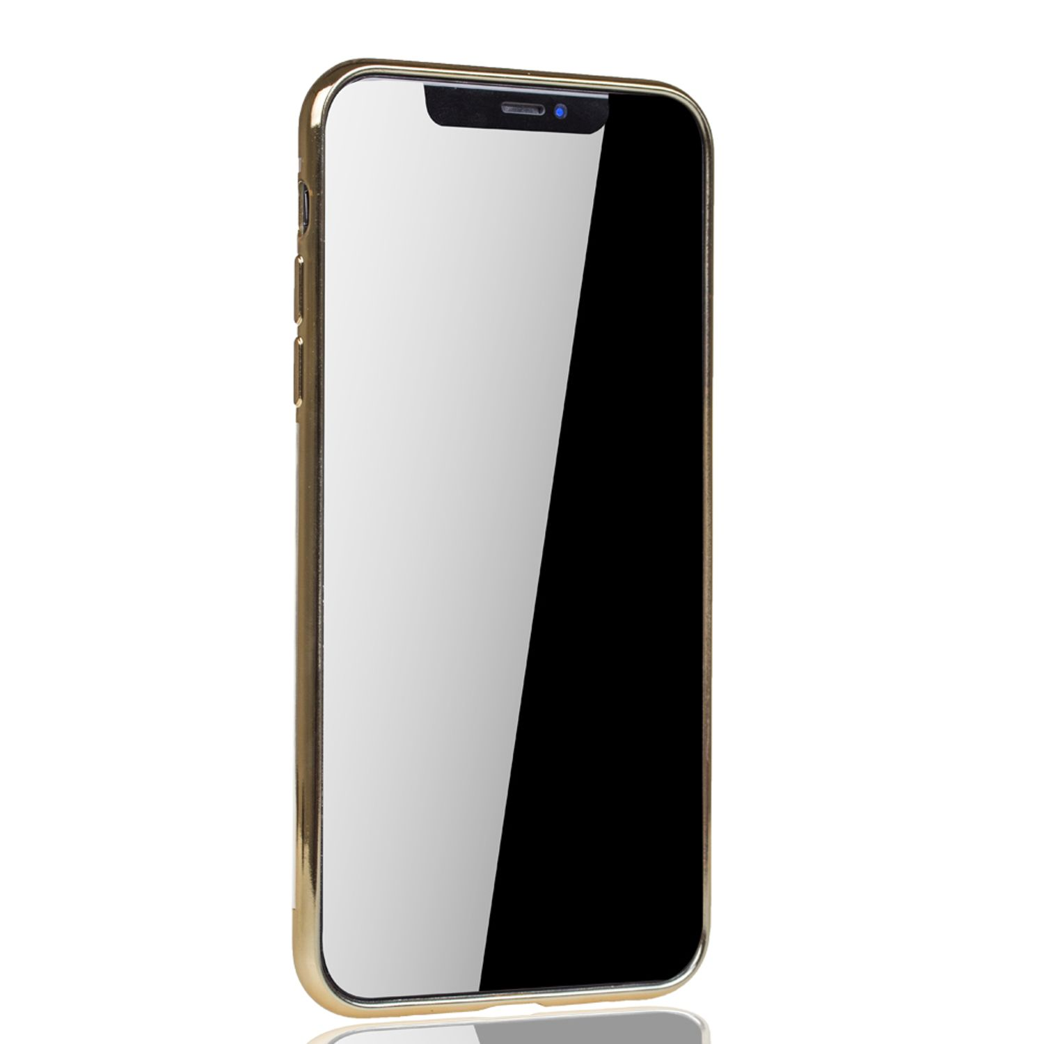 Goldgerahmtes Smartphone. Der Bildschirm ist schwarz mit Notch. Die Rückseite ist goldfarben.