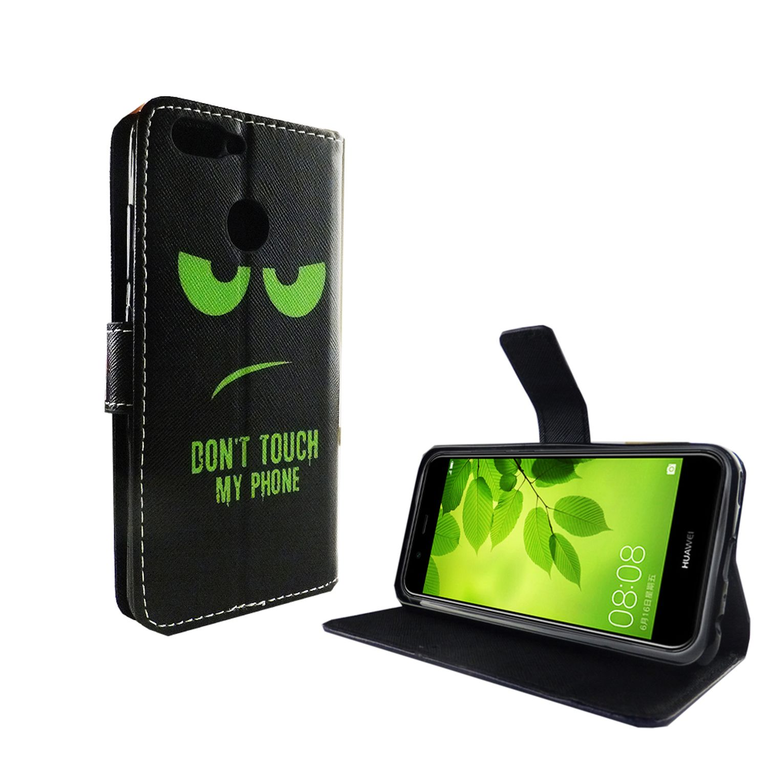 Eine schwarze Handyhülle mit grünem, wütendem Gesicht und dem Text „DON'T TOUCH MY PHONE“.