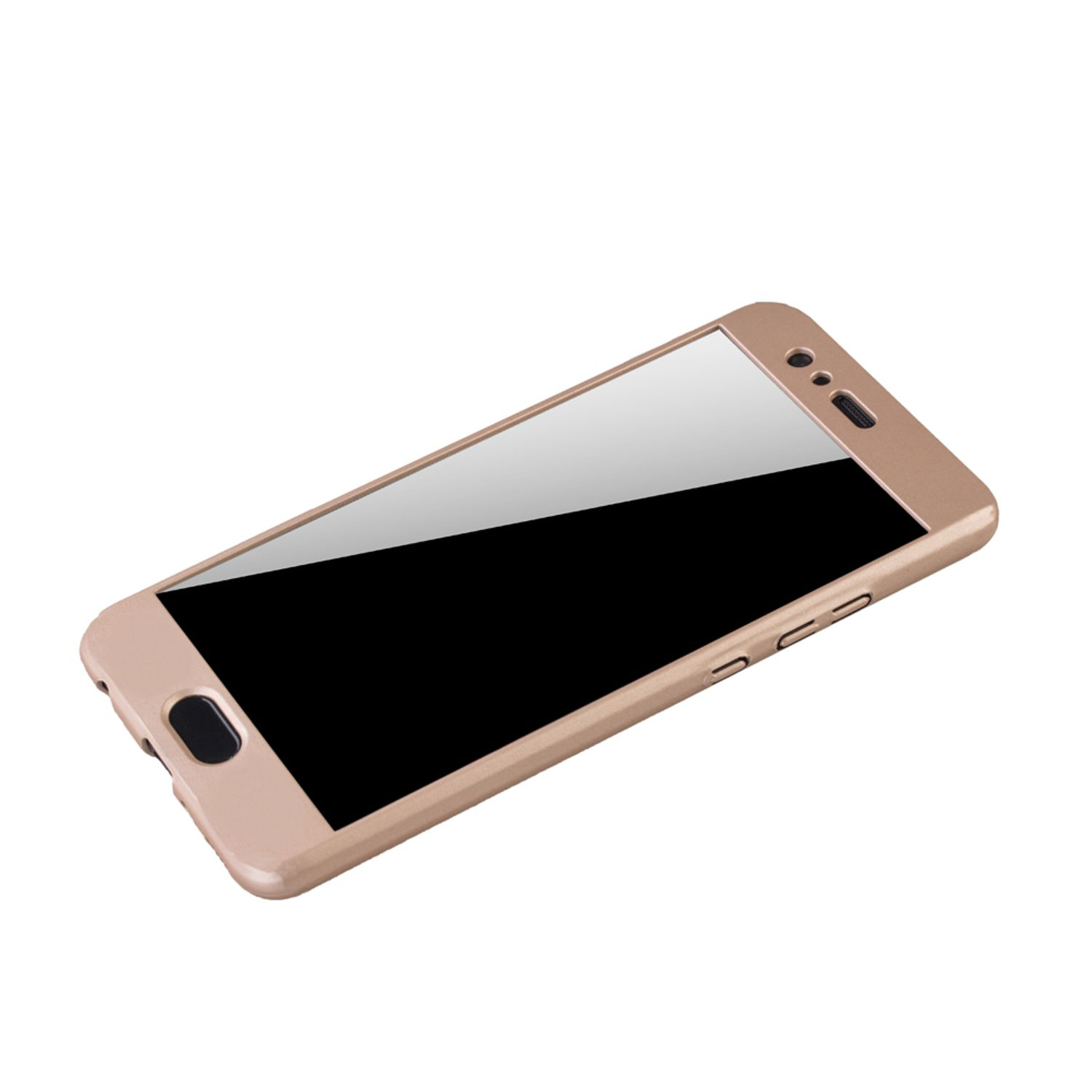 Goldene Handyhülle mit Telefon. Das Telefon liegt seitlich, abgewinkelt.