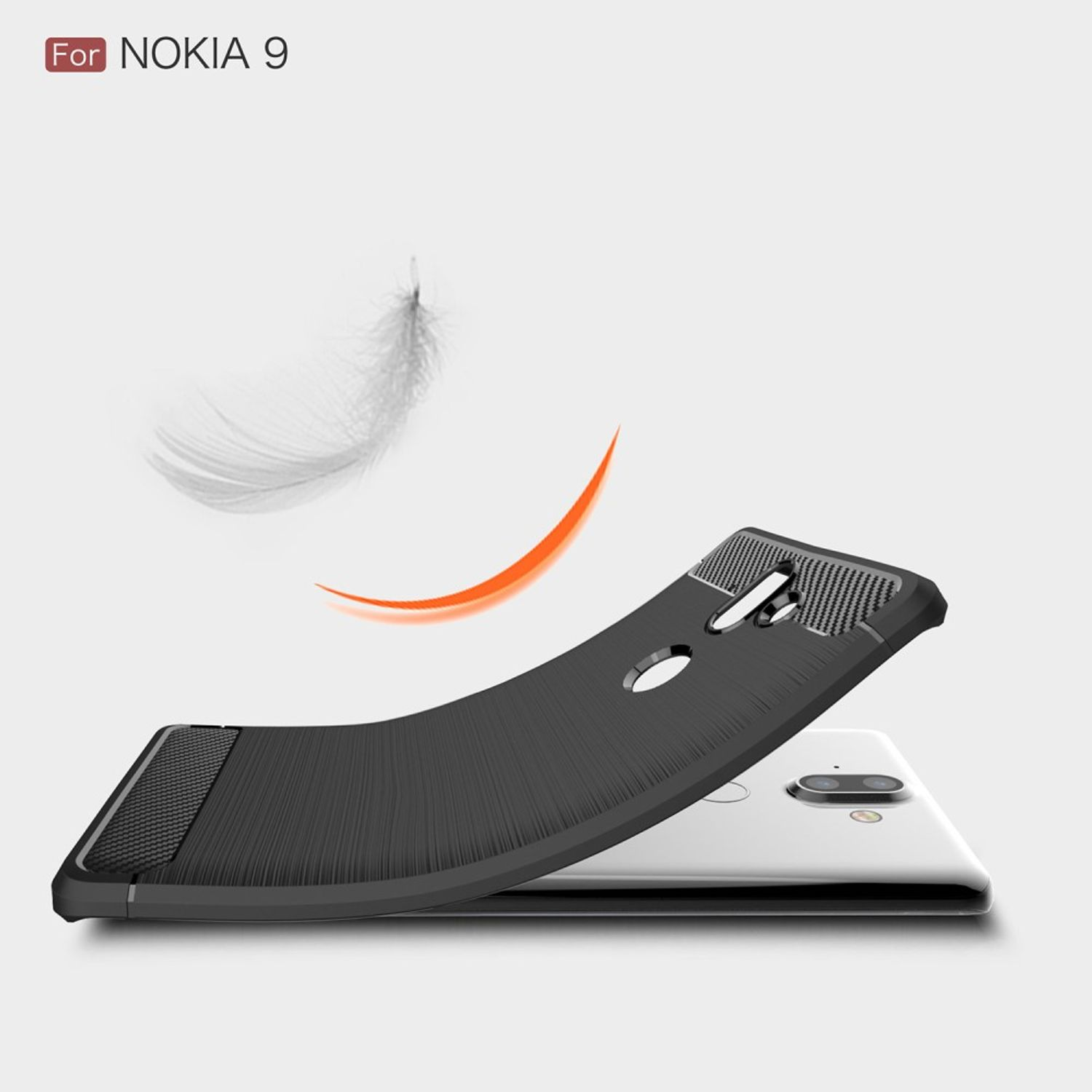 Schwarze Handyhülle mit Telefon. Text "For NOKIA 9". Heller Hintergrund.
