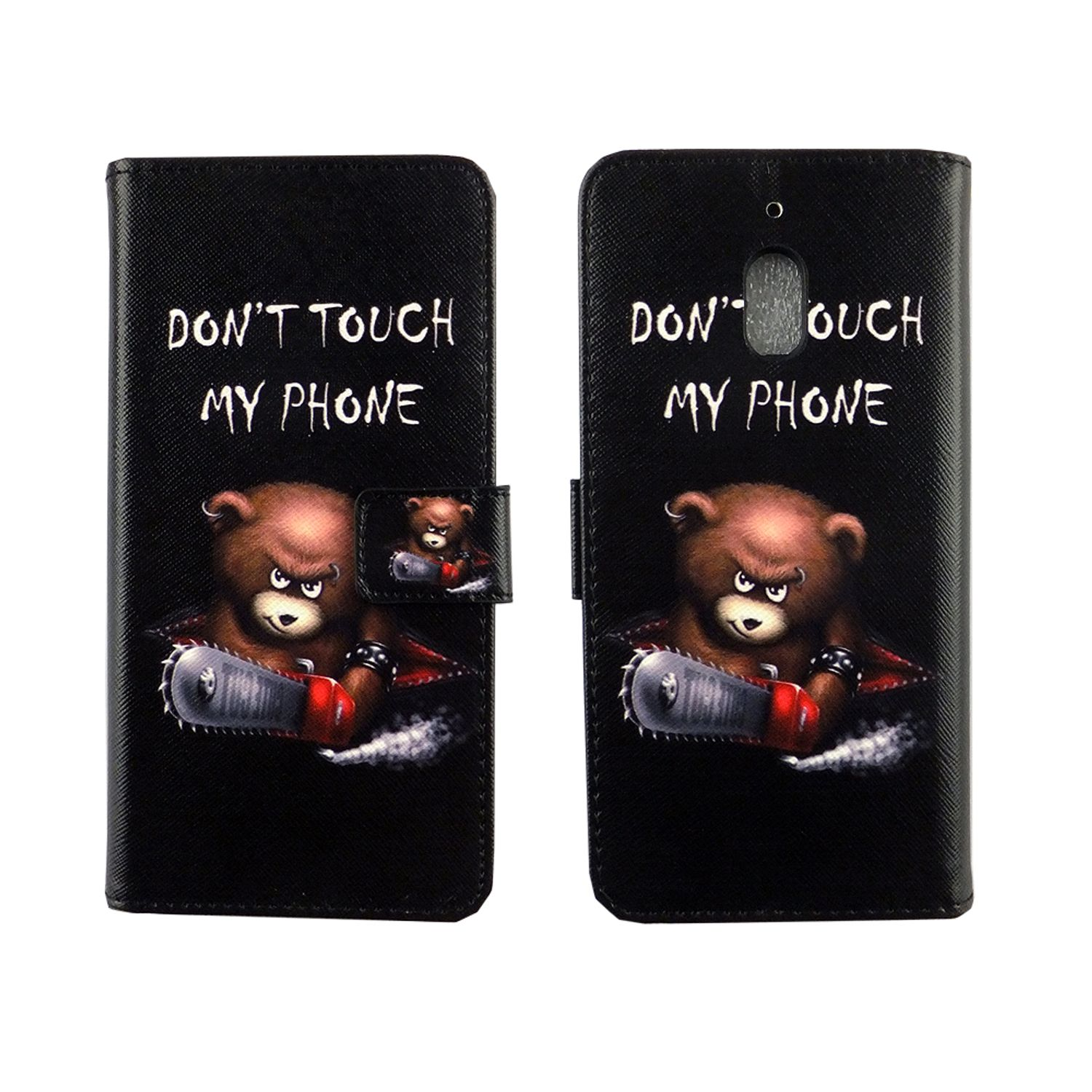 Schwarze Handyhülle mit einem Bären, der eine Kettensäge hält, mit dem Text "DON'T TOUCH MY PHONE".