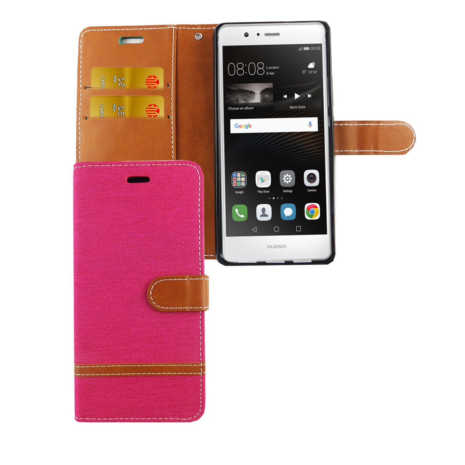 Rosa und braune Handyhülle, Telefon im Inneren zeigt Uhrzeit und Datum. Weißer Hintergrund.