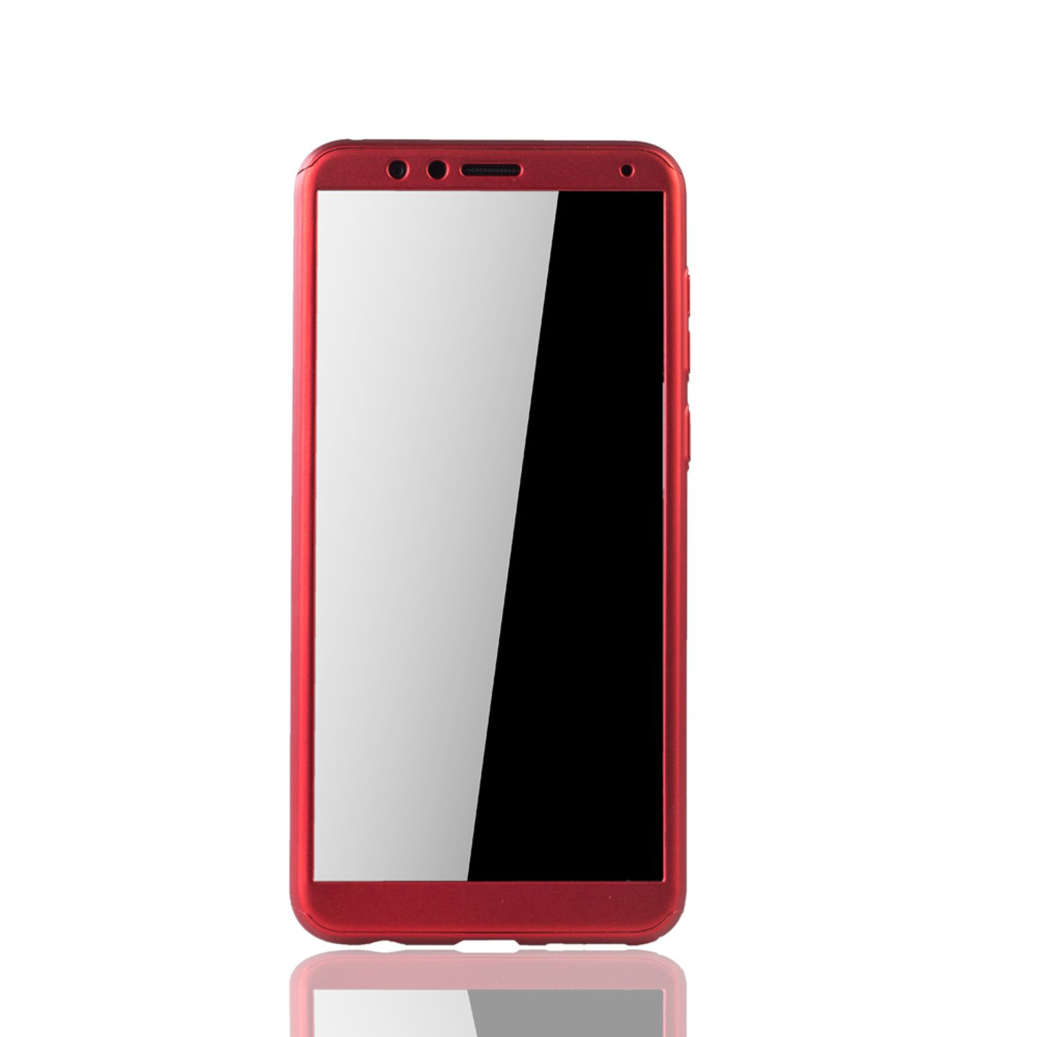 Rote Handyhülle mit einem Telefon darin. Das Telefon hat einen schwarzen Bildschirm, auf weißer Oberfläche.