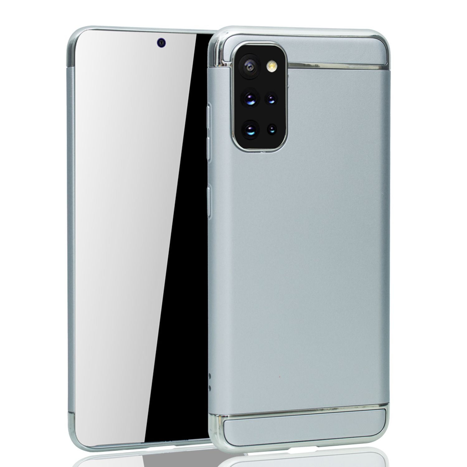 Silbernes Smartphone und Hülle auf Weiß. Die Handyhülle ist silberfarben. Telefon hat einen Bildschirm.