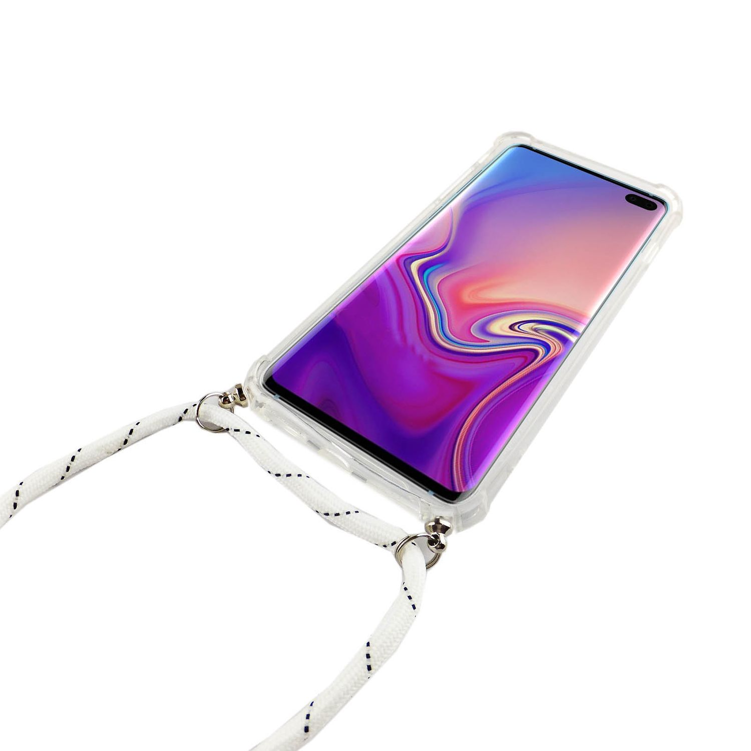Smartphone in einer transparenten Hülle mit weißer Kordel. Das Telefon ist weiß und lila, mit weißem Hintergrund.