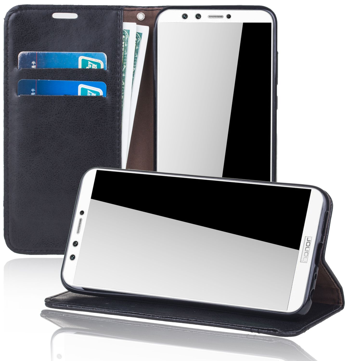 Schwarzes Telefon in einer Brieftasche. Kreditkarten und Geld im Etui.