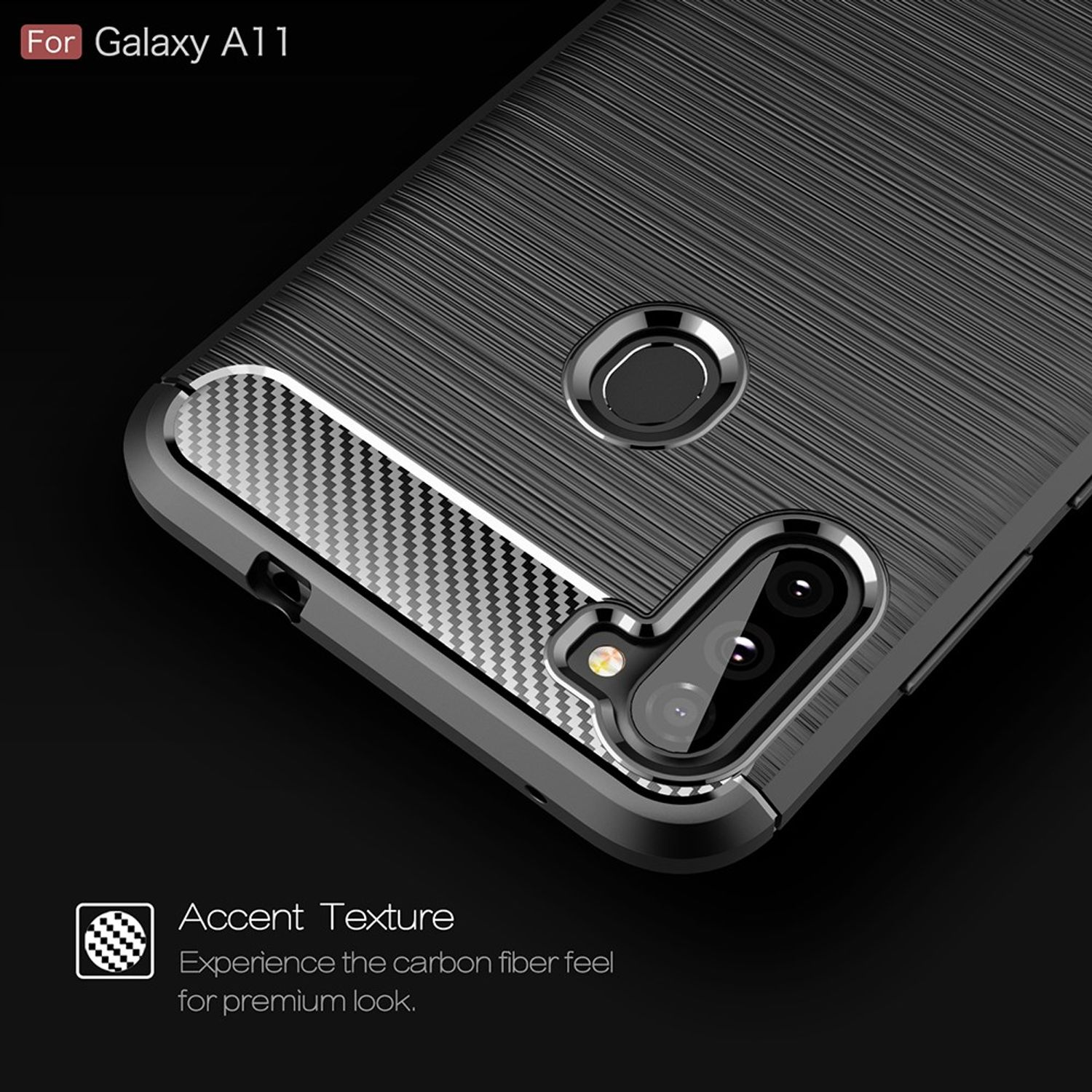 Handyhülle mit Carbonfaser-Textur. Text: 'For Galaxy A11'. Accent Texture mit Carbonfaser-Feeling für Premium-Look.