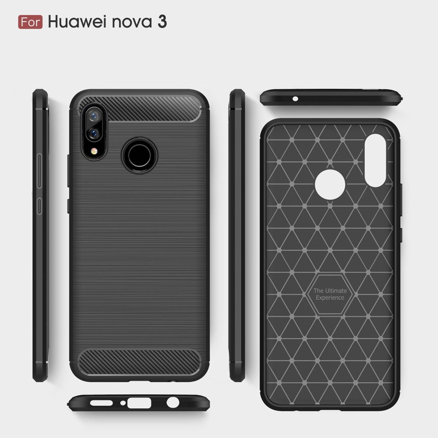 Schwarze Handyhüllen mit gemustertem Design. Mehrere Ansichten werden angezeigt. Der Text Huawei Nova 3 steht oben.