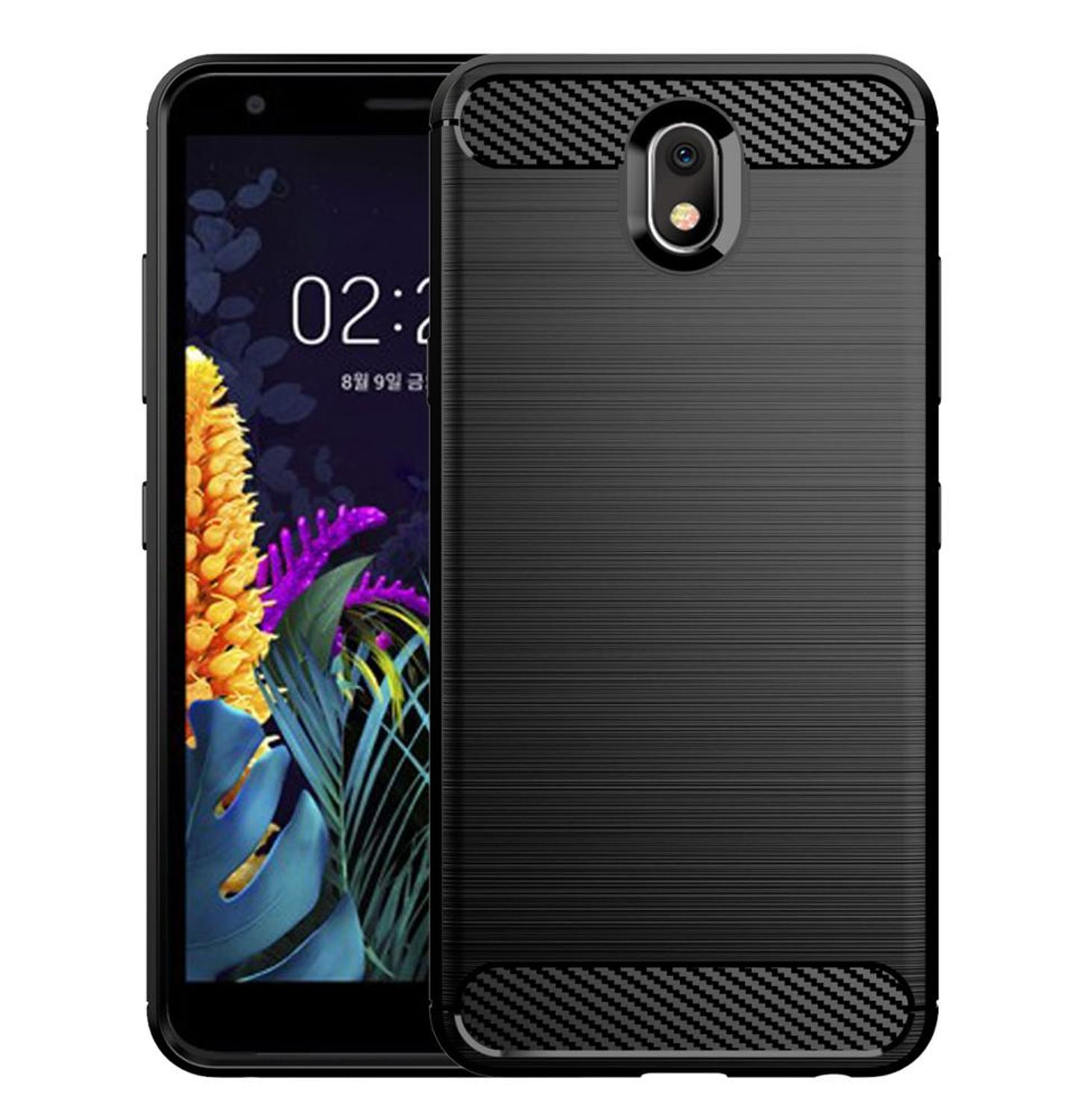 Schwarze Handyhülle mit einem Telefon, das einen farbenfrohen App-Bildschirm anzeigt. Die Hülle hat eine Kohlefaserstruktur.