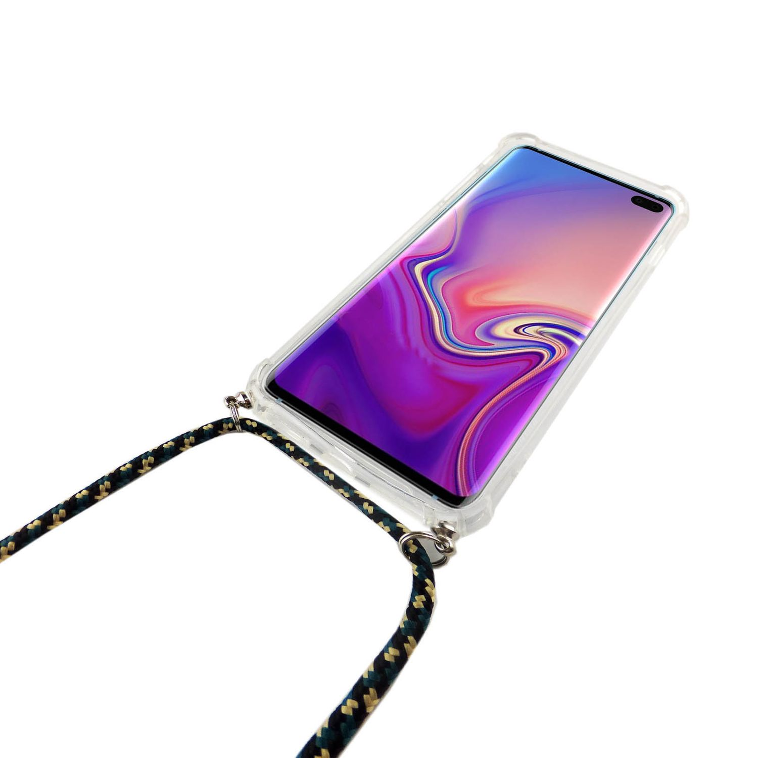 Ein Telefon mit klarer Hülle und einem Lanyard. Das Telefon hat einen lila Bildschirm.