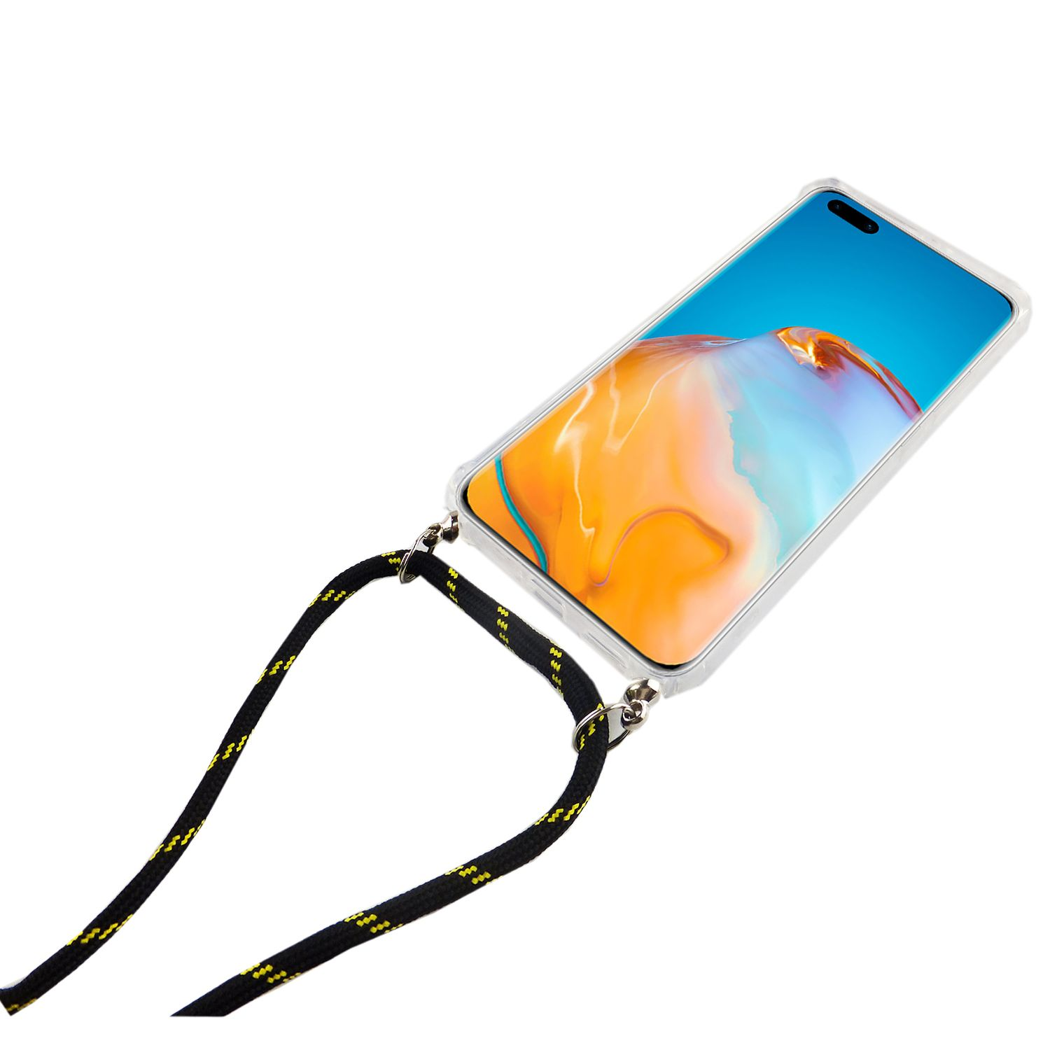 Telefon mit einer schwarz-gelben Seilhülle. Telefon ist weiß und blau. Der Hintergrund ist weiß.