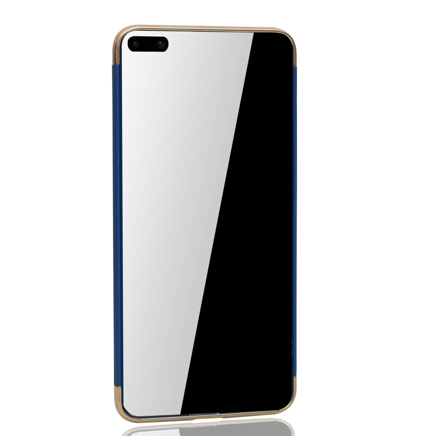 Schwarzes Telefon in blauem und goldenem Gehäuse, reflektierender Bildschirm. Weißer Hintergrund.