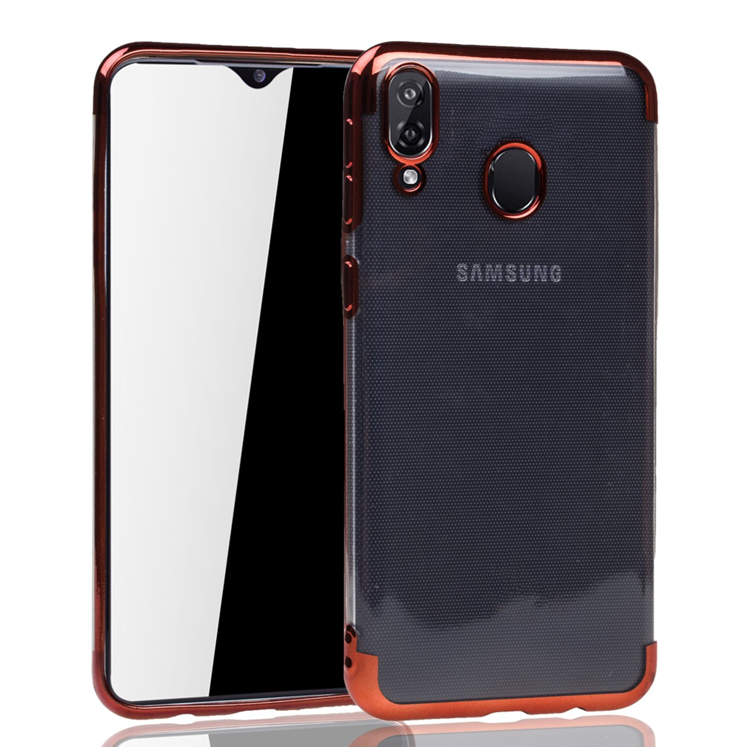 Eine Handyhülle mit rotem Rand. Sie ist schwarz und durchsichtig, mit dem Samsung-Logo auf der Rückseite. Das Telefon ist sichtbar.
