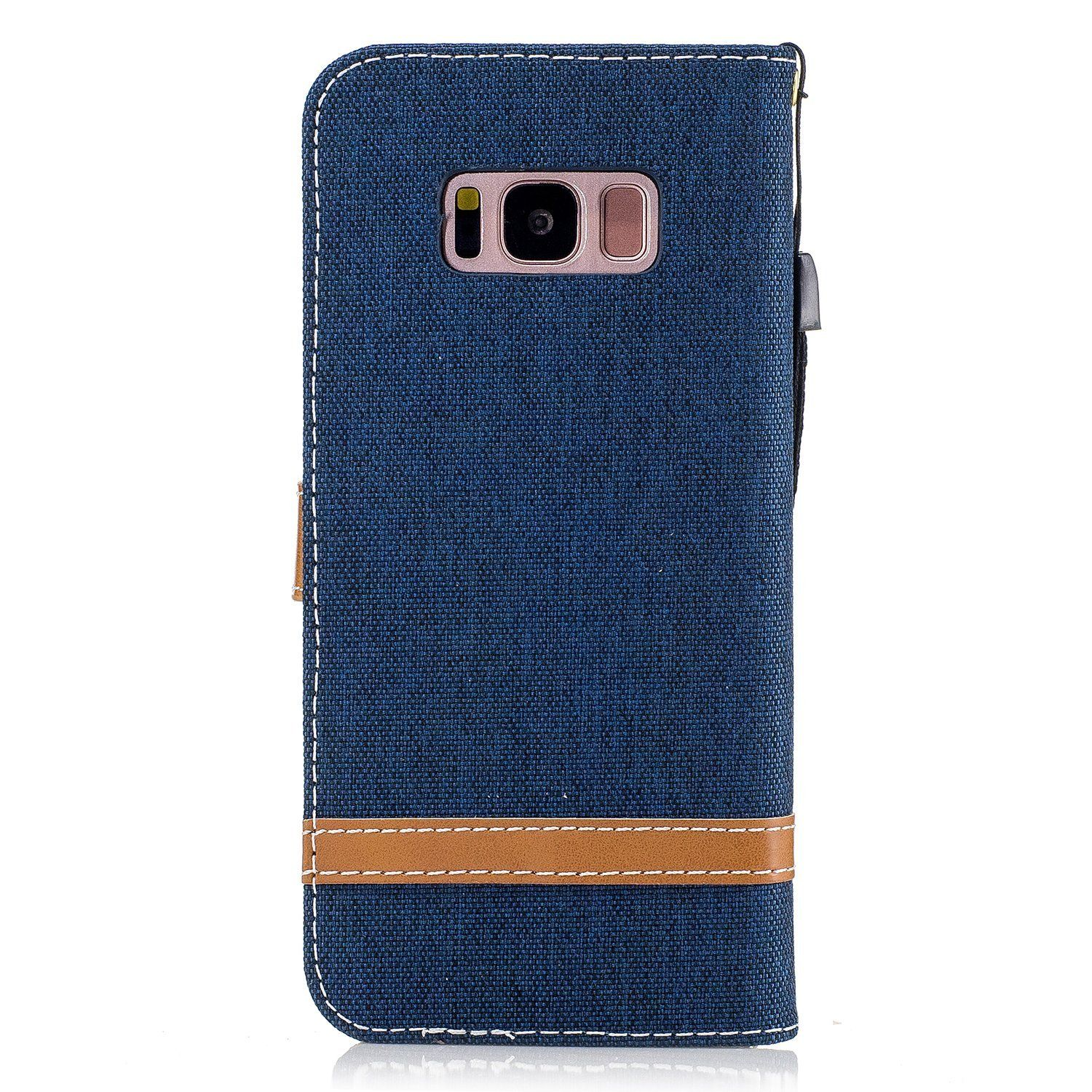 Blaue Handyhülle. Telefon in einer blauen Hülle mit braunem Streifen.