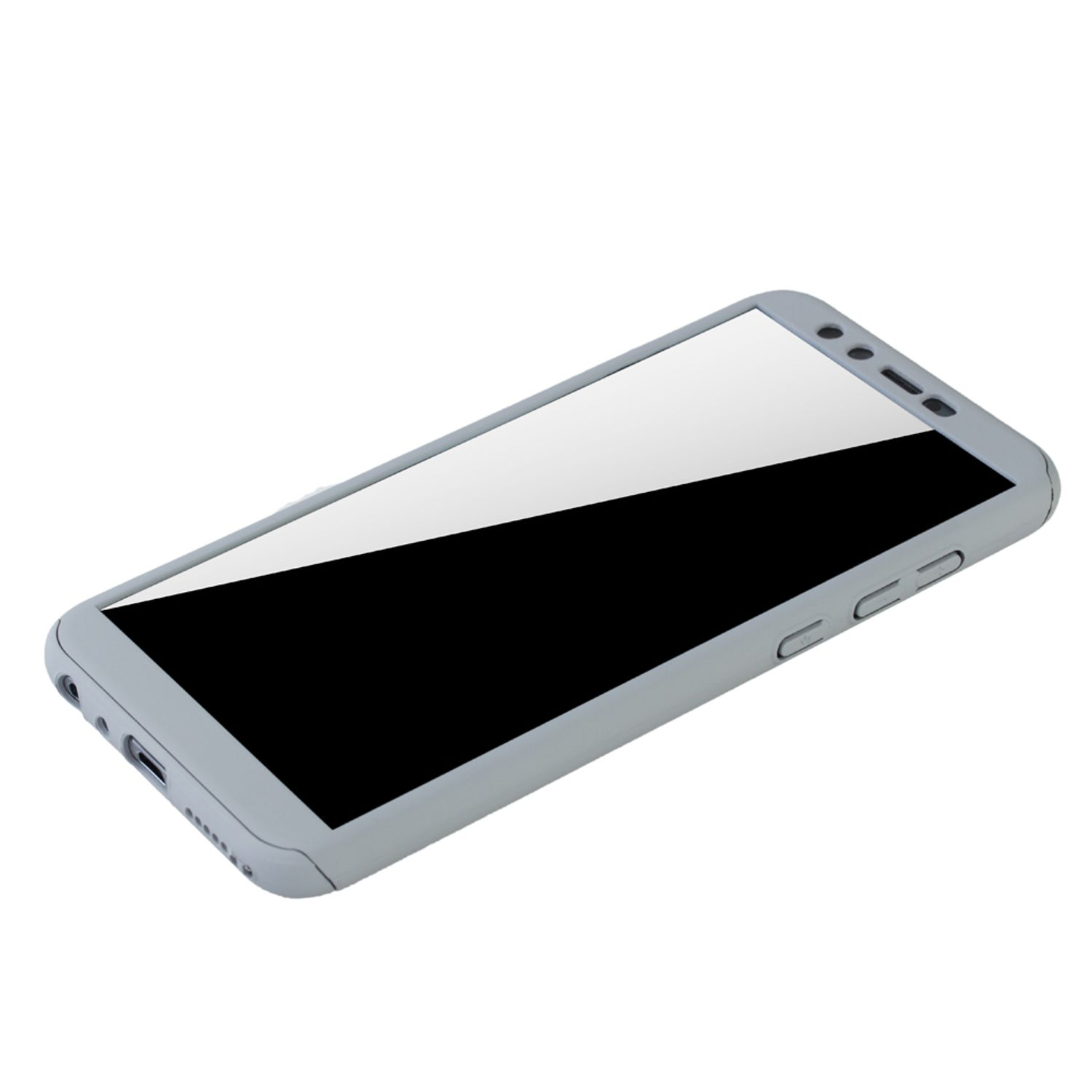 Graues Telefon, schwarzer Bildschirm. Das Telefon ist diagonal abgewinkelt. Weißer Hintergrund. Knöpfe an der Seite.