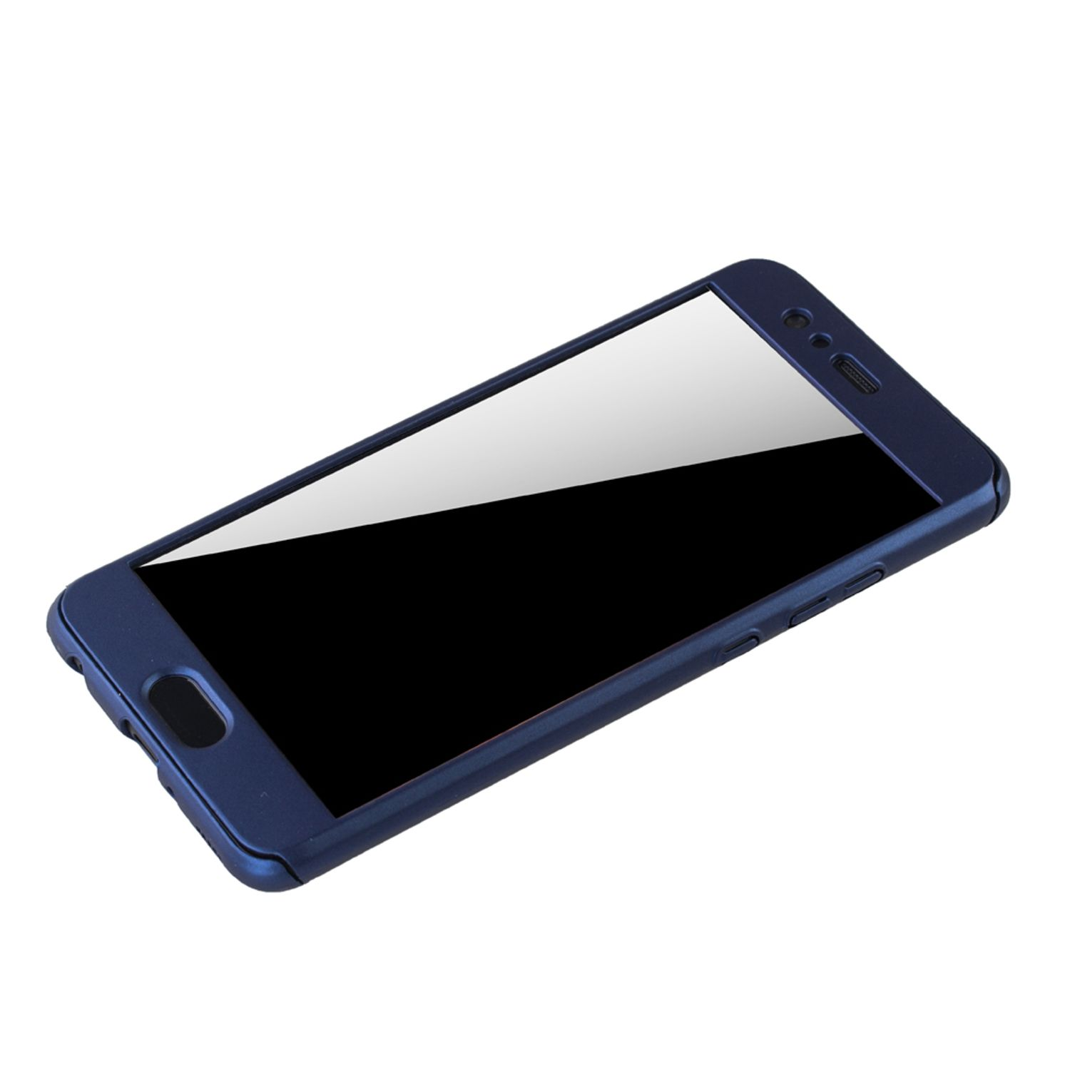 Eine dunkelblaue Handyhülle mit einem Telefon darin. Der Hintergrund ist weiß. Der Bildschirm ist sichtbar.