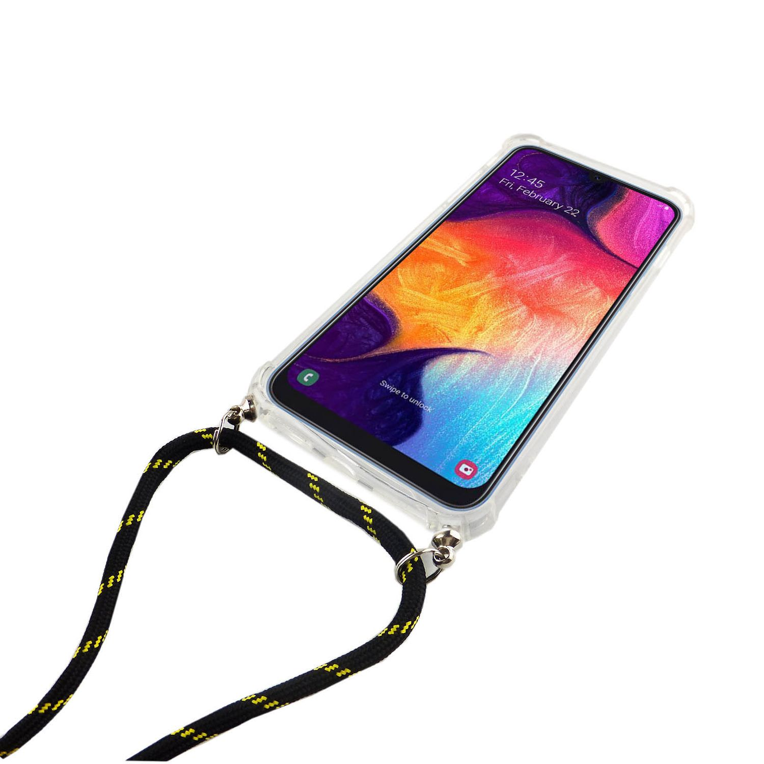 Telefon in einer transparenten Hülle mit Riemen. Der Bildschirm zeigt das Datum. Der Hintergrund ist weiß.