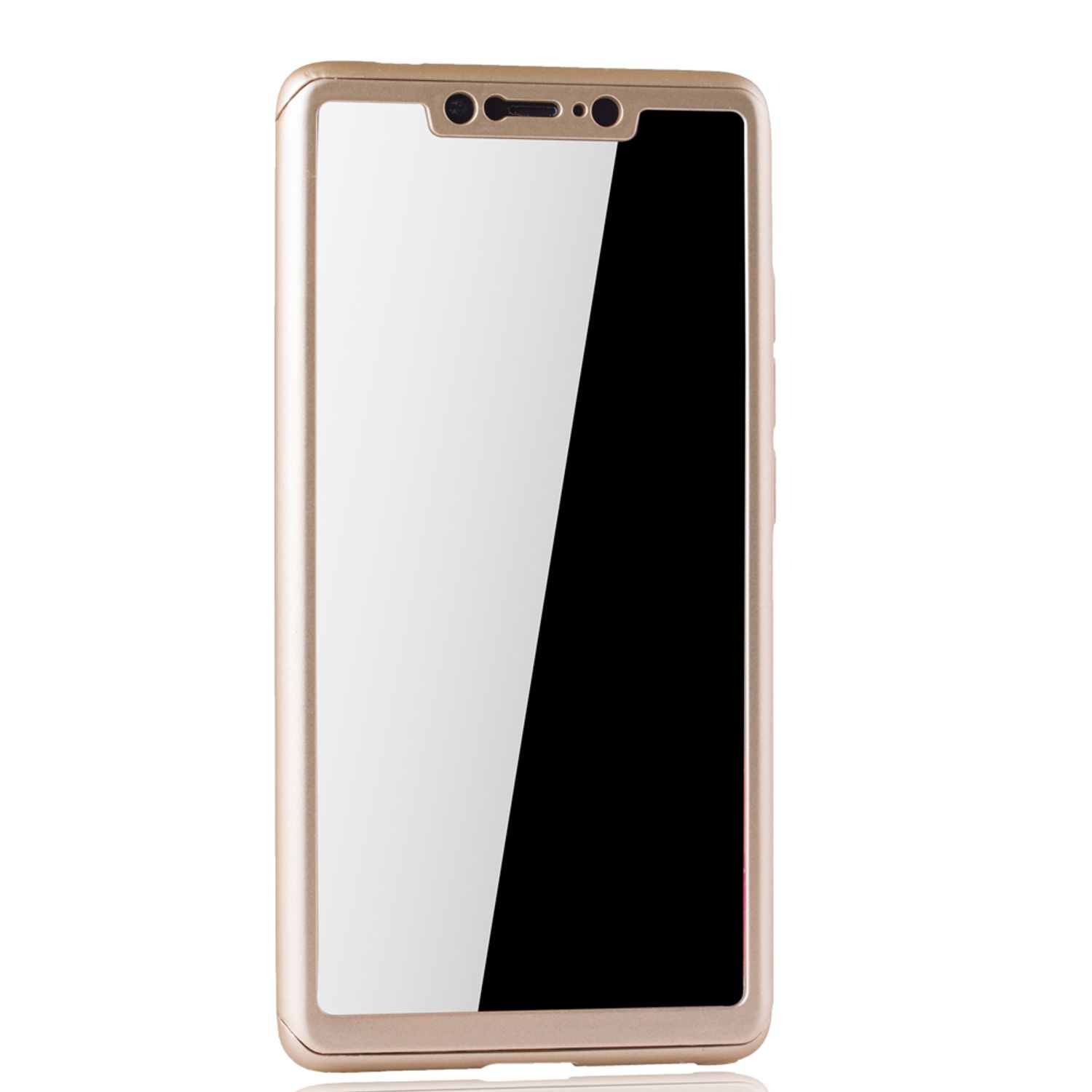 Goldene Handyhülle. Telefonbildschirm sichtbar, schwarz. Weißer Hintergrund.
