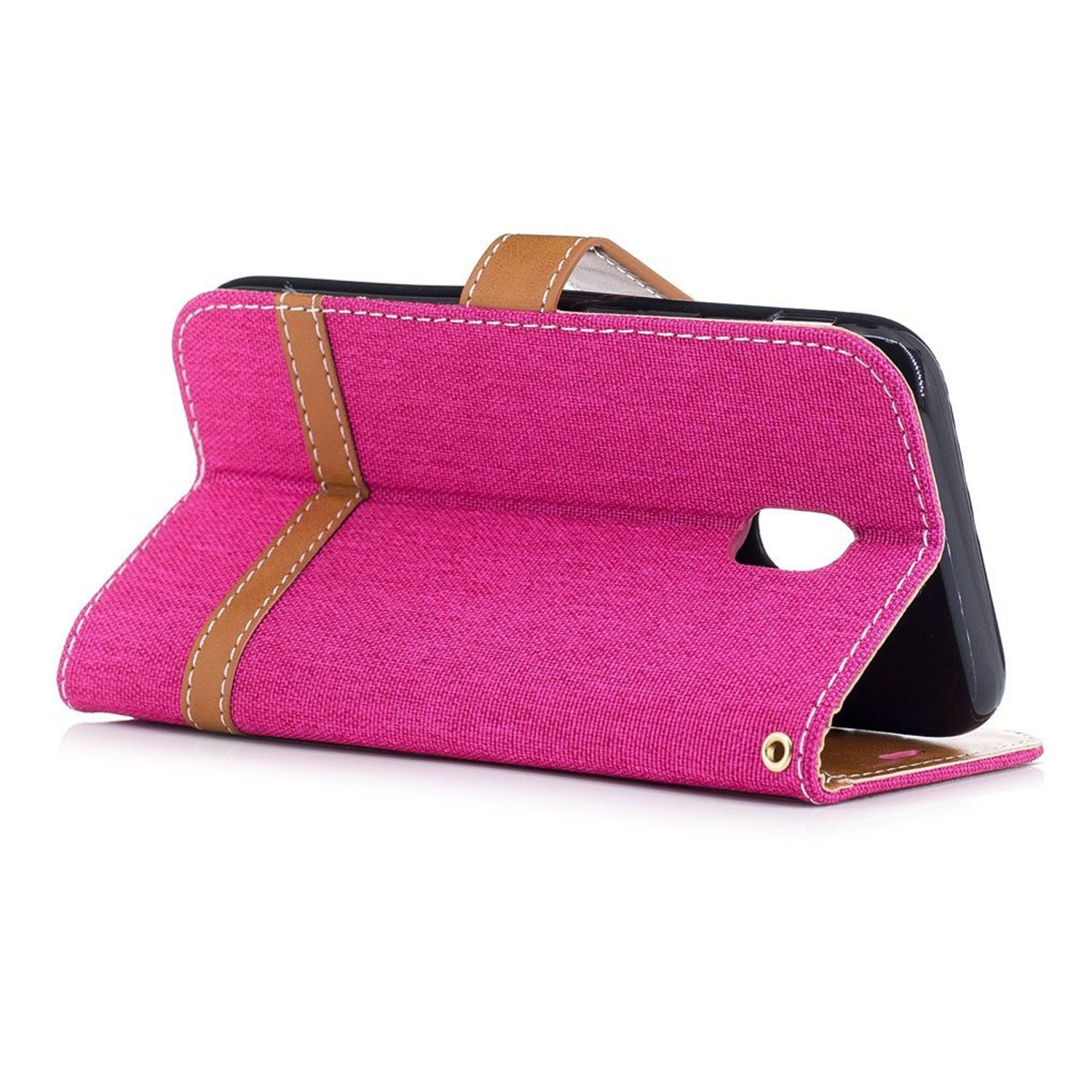 Geöffnete pinke Handyhülle, Handy sichtbar. Rosa mit braunen Akzenten.