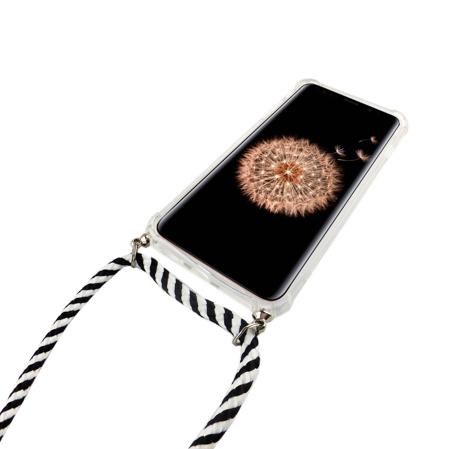 Smartphone mit transparenter Hülle und schwarz-weiß gestreiftem Umhängeband. Löwenzahnbild auf dem Bildschirm.