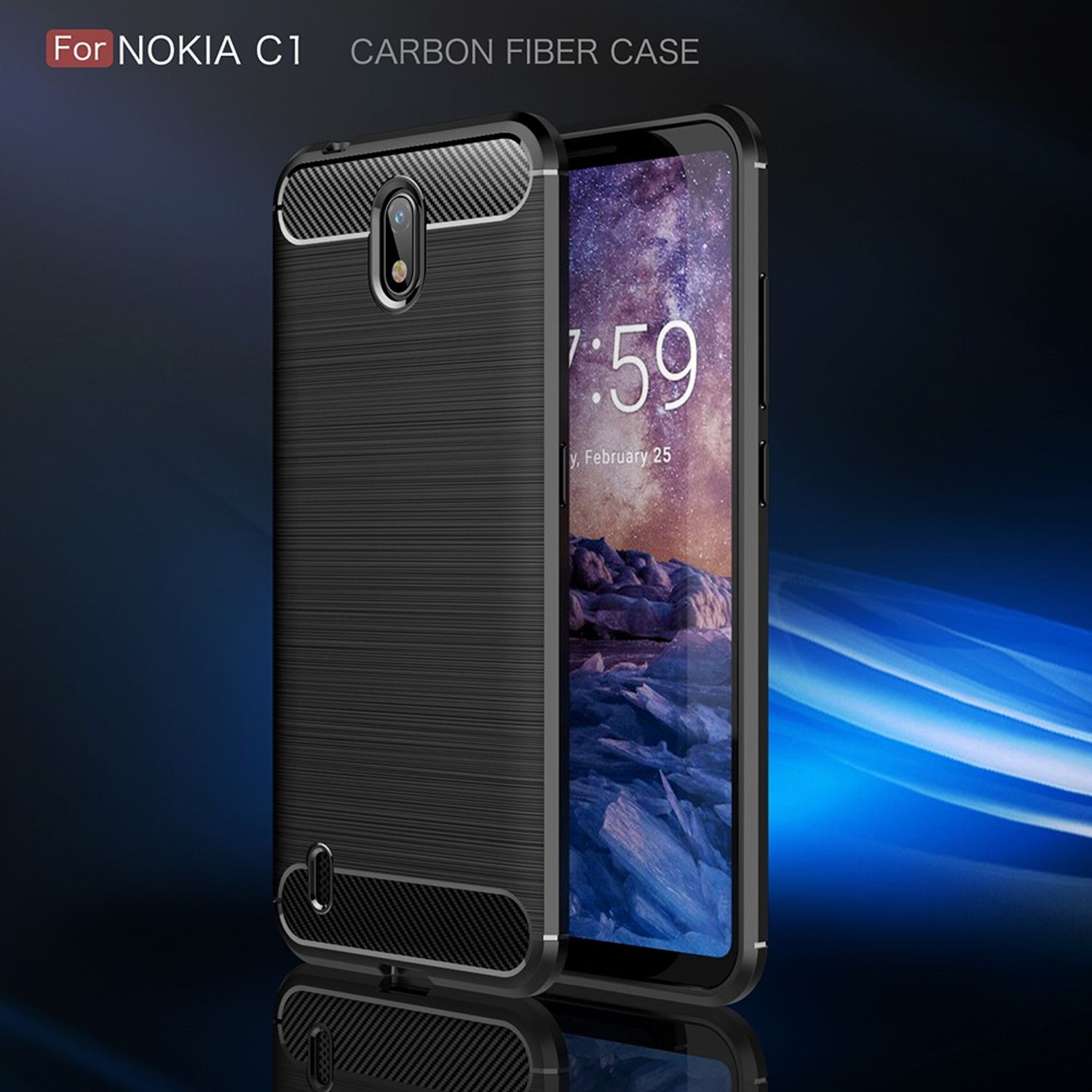 Eine schwarze Carbonfaser-Handyhülle mit einem Telefon darin. Der Telefonbildschirm ist sichtbar.