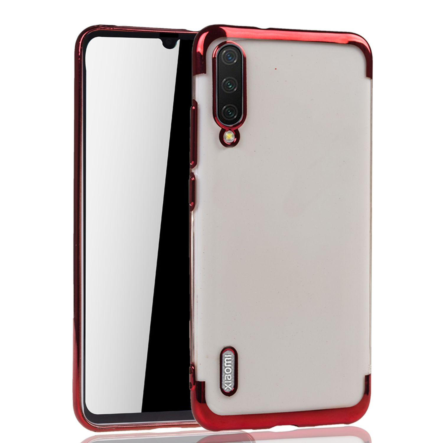 Ein Telefon in einem roten Rahmen. Das Telefon ist weiß mit einem roten Kamerarahmen.