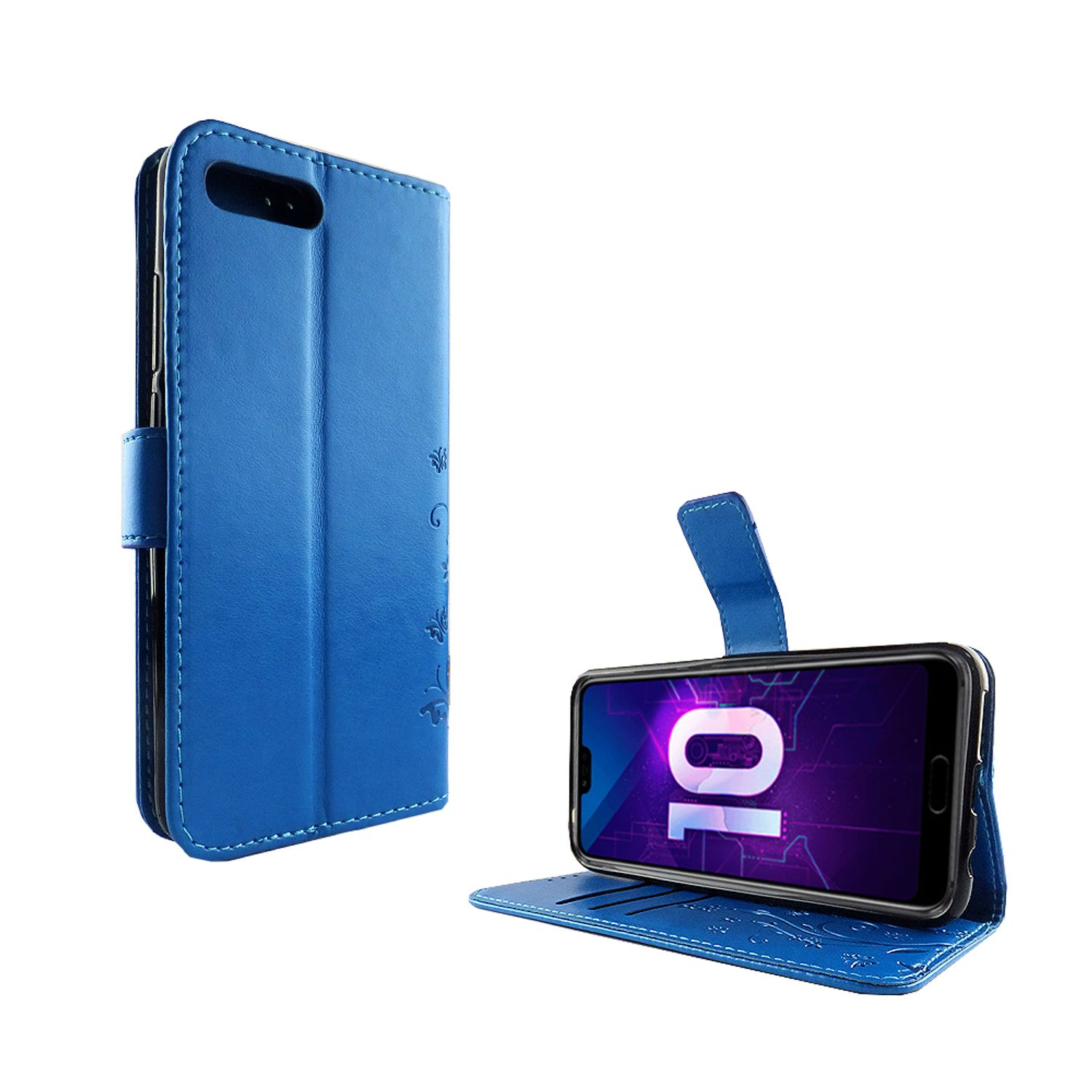 Blaue Handyhülle geöffnet mit Telefon. Das Telefon zeigt eine Benutzeroberfläche. Weißer Hintergrund.